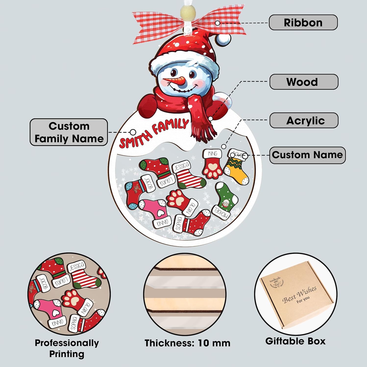 Personalized Snowman Family 4D Shaker Ornament