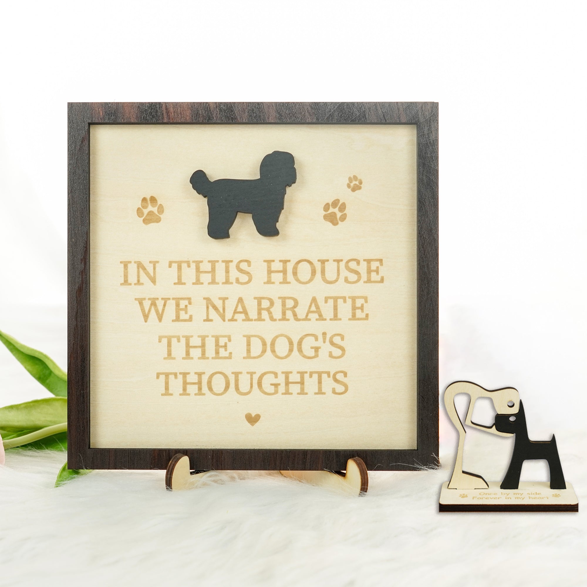 DNPETS Meaningful Custom Dog Wood Frame Quote in This Home We Narrate the Dog's Thoughts Pet Theme Wall