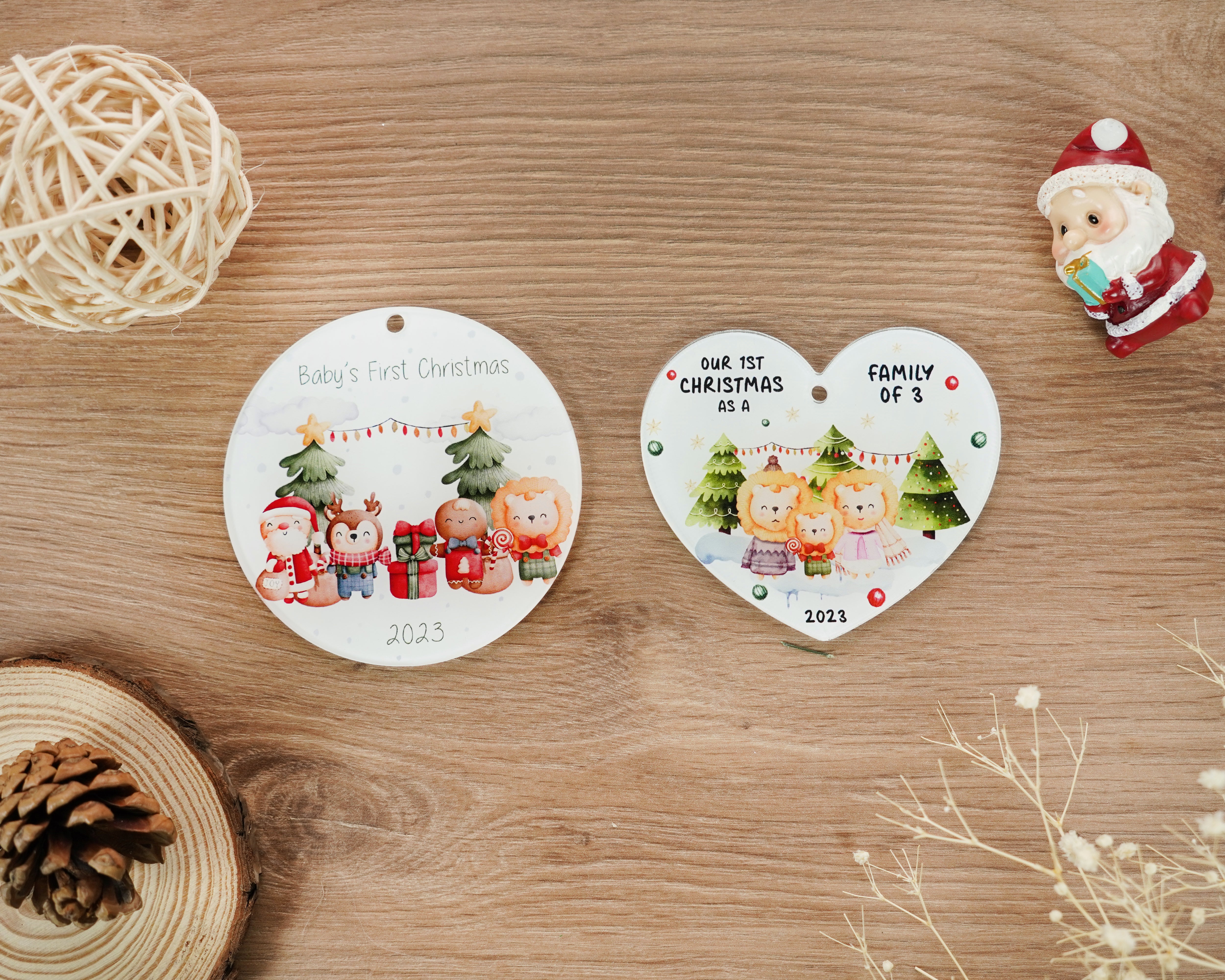 Set of 2 Pcs First Chrsitmas As A Family Ornament, Baby's First Christmas Ornament, Our First Christmas as Mom & Dad Ornament, Animal Woodland Ornament, Christmas Ornament Pregnancy Present New Parents