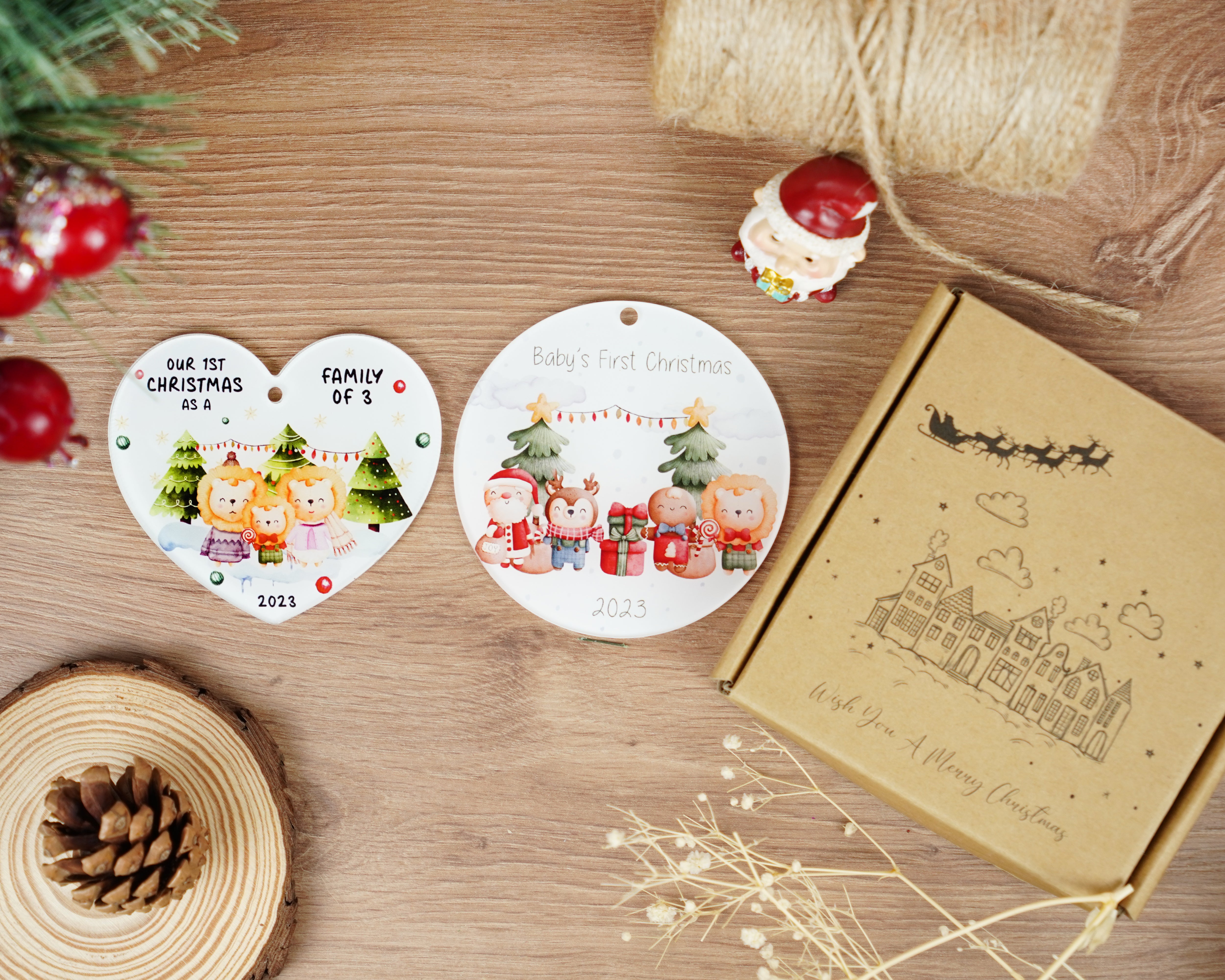 Set of 2 Pcs First Chrsitmas As A Family Ornament, Baby's First Christmas Ornament, Our First Christmas as Mom & Dad Ornament, Animal Woodland Ornament, Christmas Ornament Pregnancy Present New Parents