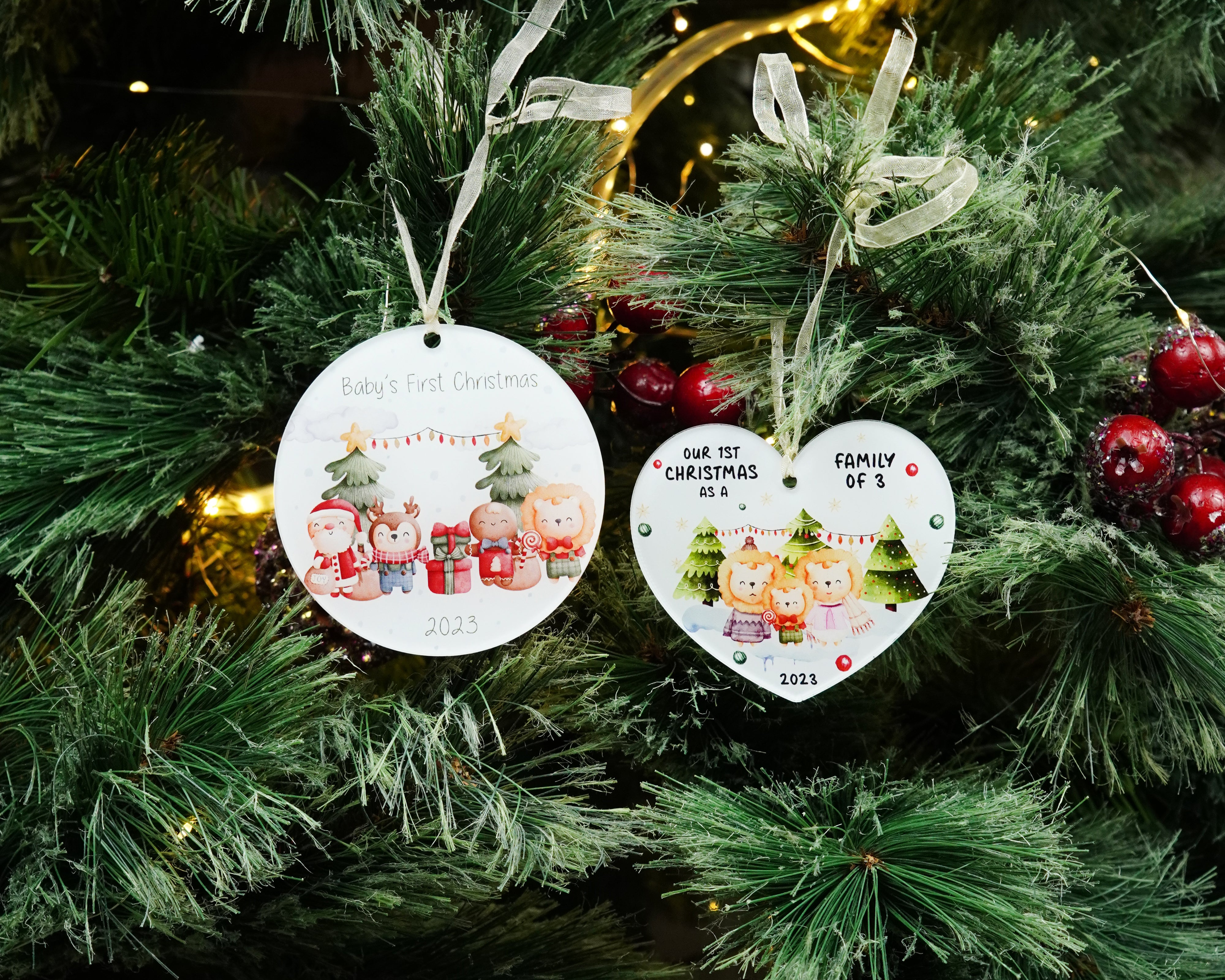Set of 2 Pcs First Chrsitmas As A Family Ornament, Baby's First Christmas Ornament, Our First Christmas as Mom & Dad Ornament, Animal Woodland Ornament, Christmas Ornament Pregnancy Present New Parents