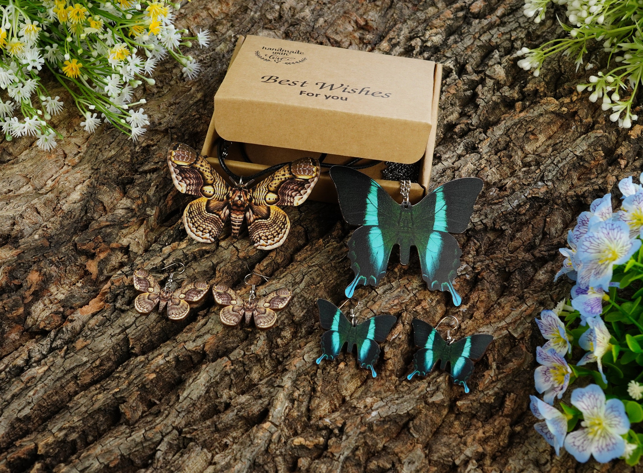 Woman Wooden Butterfly Jewelry Set Owl Moth Insect Necklace Earrings