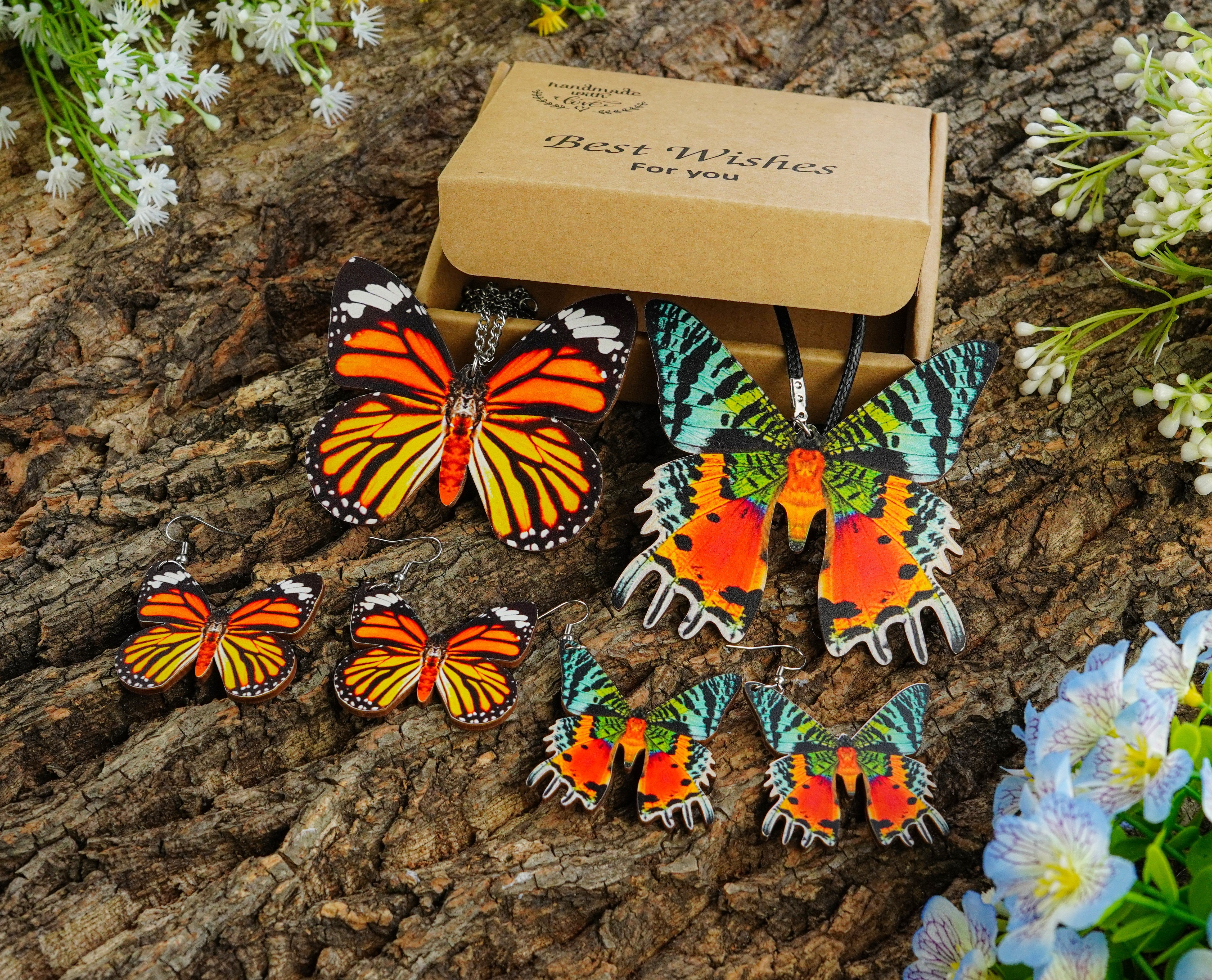 Woman Wooden Butterfly Jewelry Set Sunset Moth Urania Ripheus Monarch Butterfly