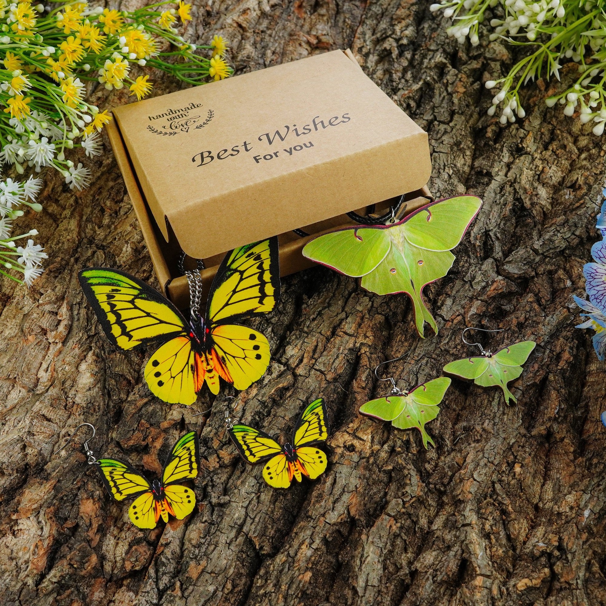 Wooden Butterfly Jewelry Set Luna Moth Insect Pedants Earrings