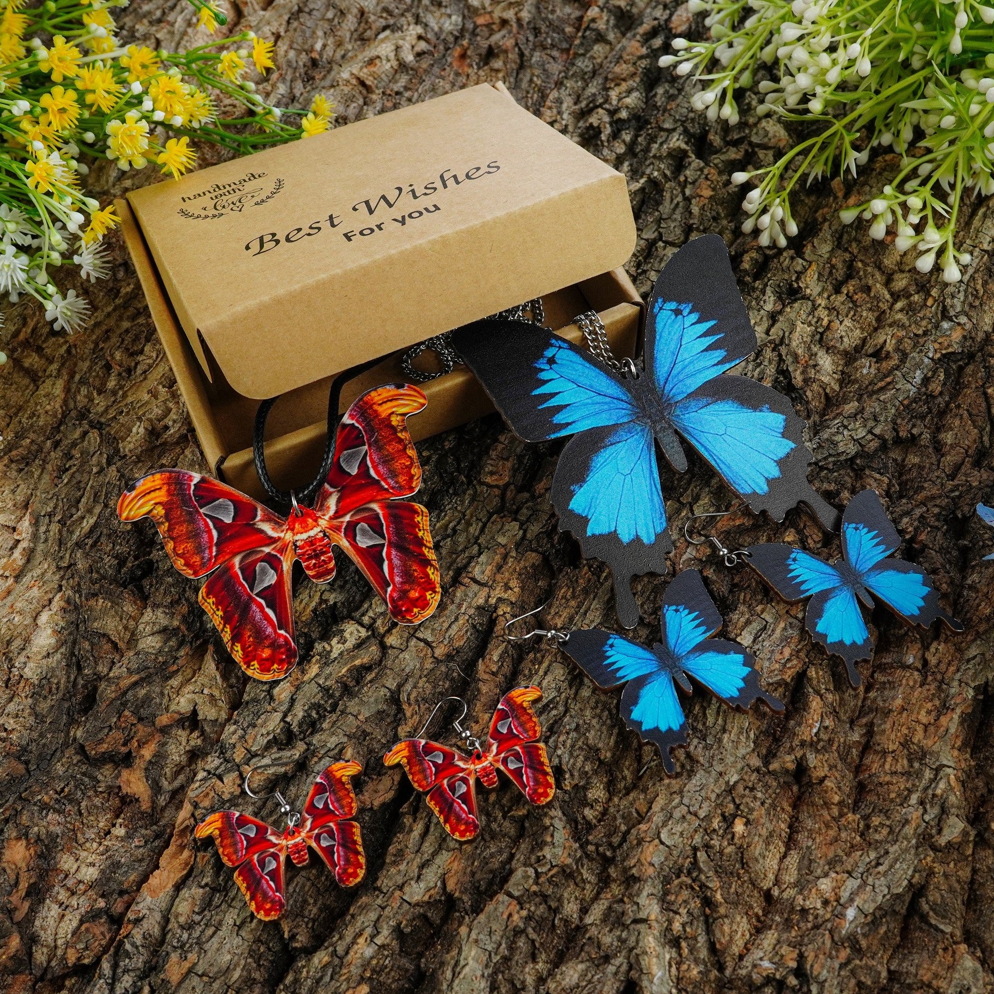 Woman Wooden Butterfly Jewelry Set Insect Necklace Earrings