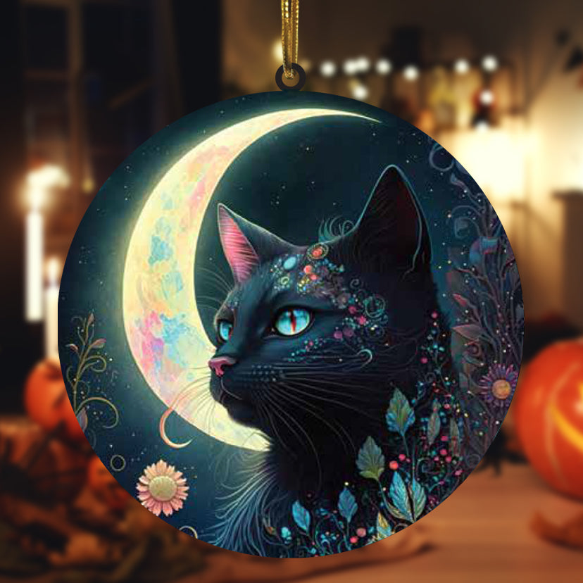 Halloween Black Cat Stained Glass Window Hanging Suncatcher for Windows Panels Sun Catcher Halloween Ornament Decoration Memorial Gift Cat for Lover Cat Loss