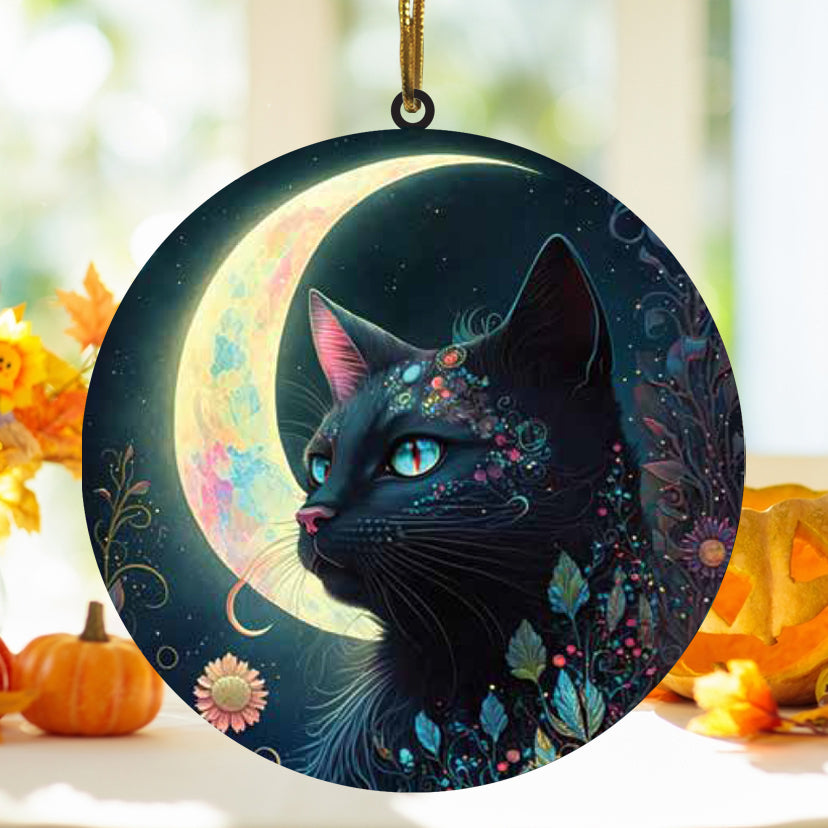 Halloween Black Cat Stained Glass Window Hanging Suncatcher for Windows Panels Sun Catcher Halloween Ornament Decoration Memorial Gift Cat for Lover Cat Loss