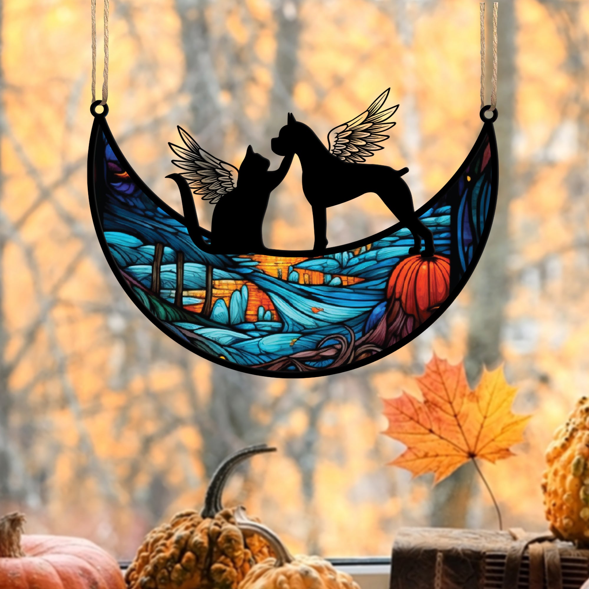 Suncatcher Pet Memorial Gifts for Loss of Dog, Black Angel Pet on Blue Moon Suncatcher Ornaments Decor Window Wall Sympathy Gift for Dog Lover