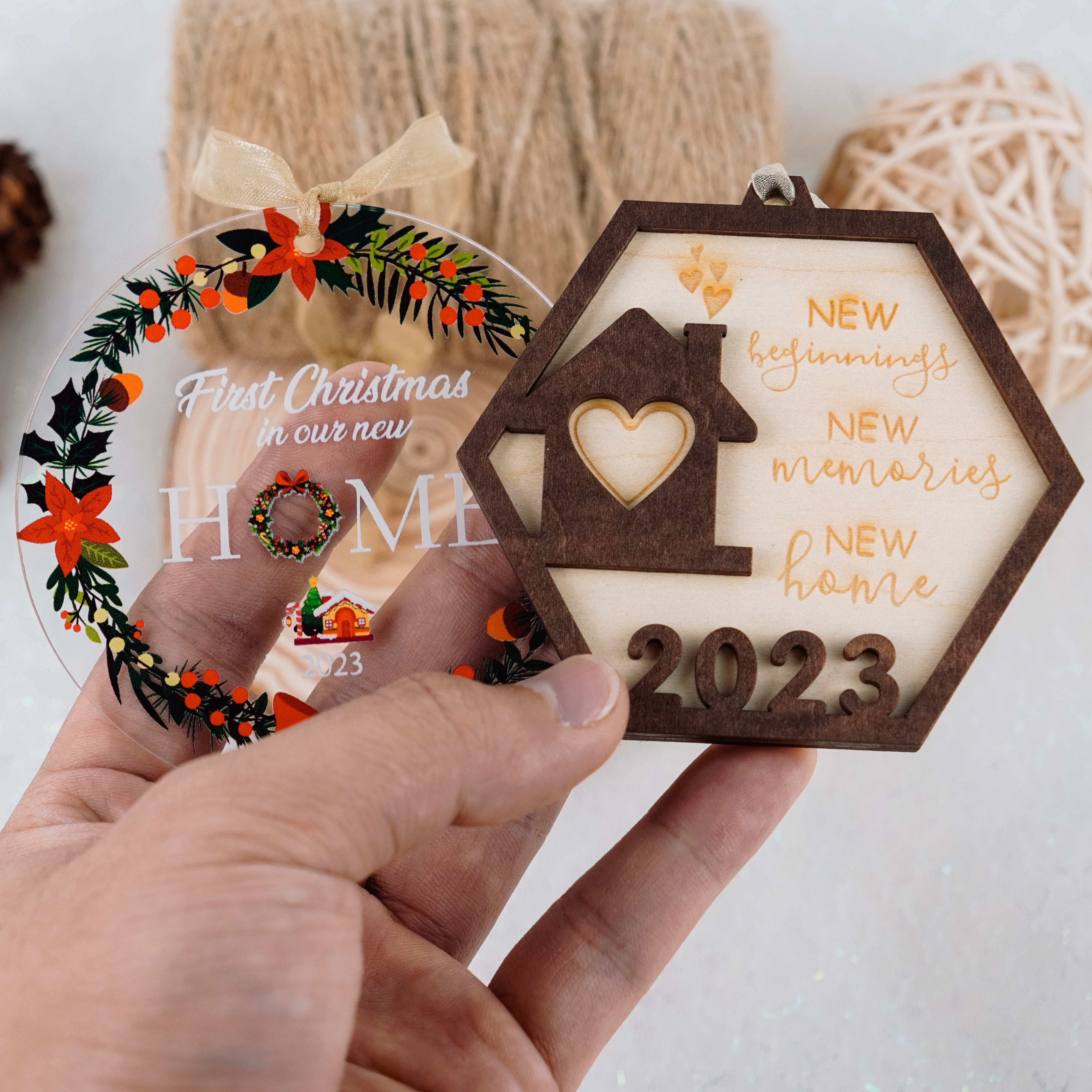 Set of  2 New Home Christmas Ornament 2023, Our First Christmas Ornament, Housewarming Gifts for New House, House Warming Gift Presents for Women, Couple, Gift for Family Newlyweds