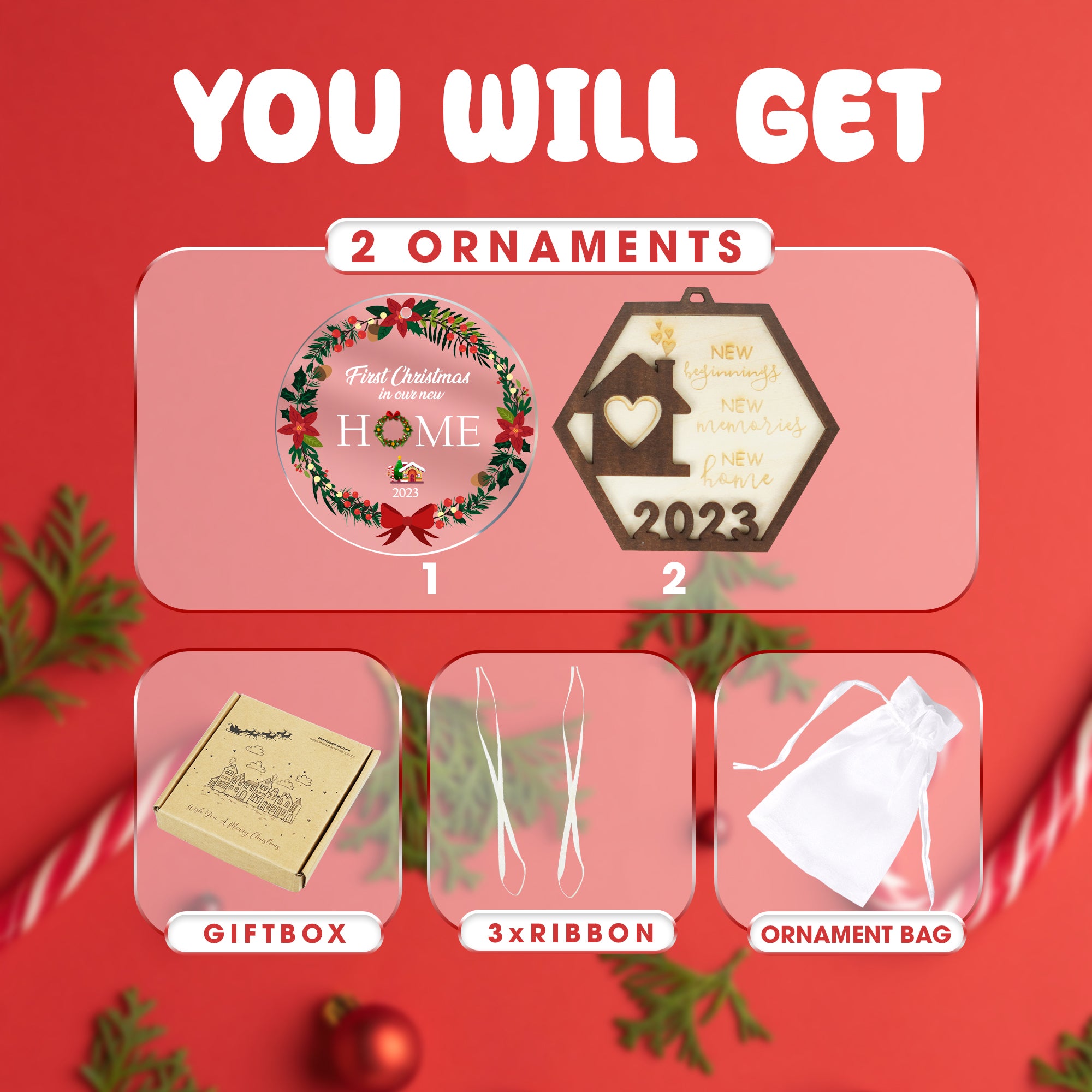 Set of  2 New Home Christmas Ornament 2023, Our First Christmas Ornament, Housewarming Gifts for New House, House Warming Gift Presents for Women, Couple, Gift for Family Newlyweds