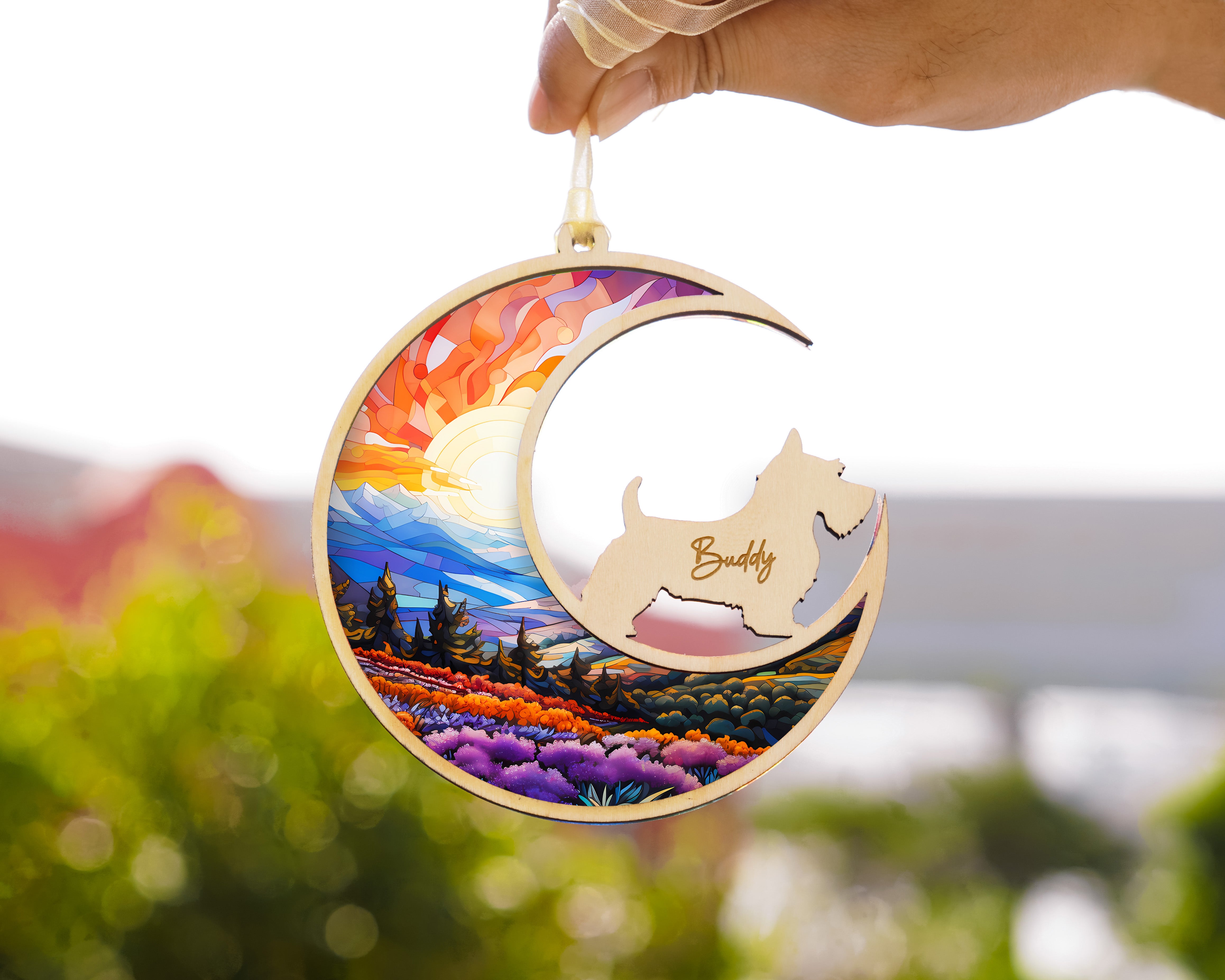 Pet on Blue Moon Suncatcher Ornaments Decor Window Wall Sympathy Gift for Dog Lover