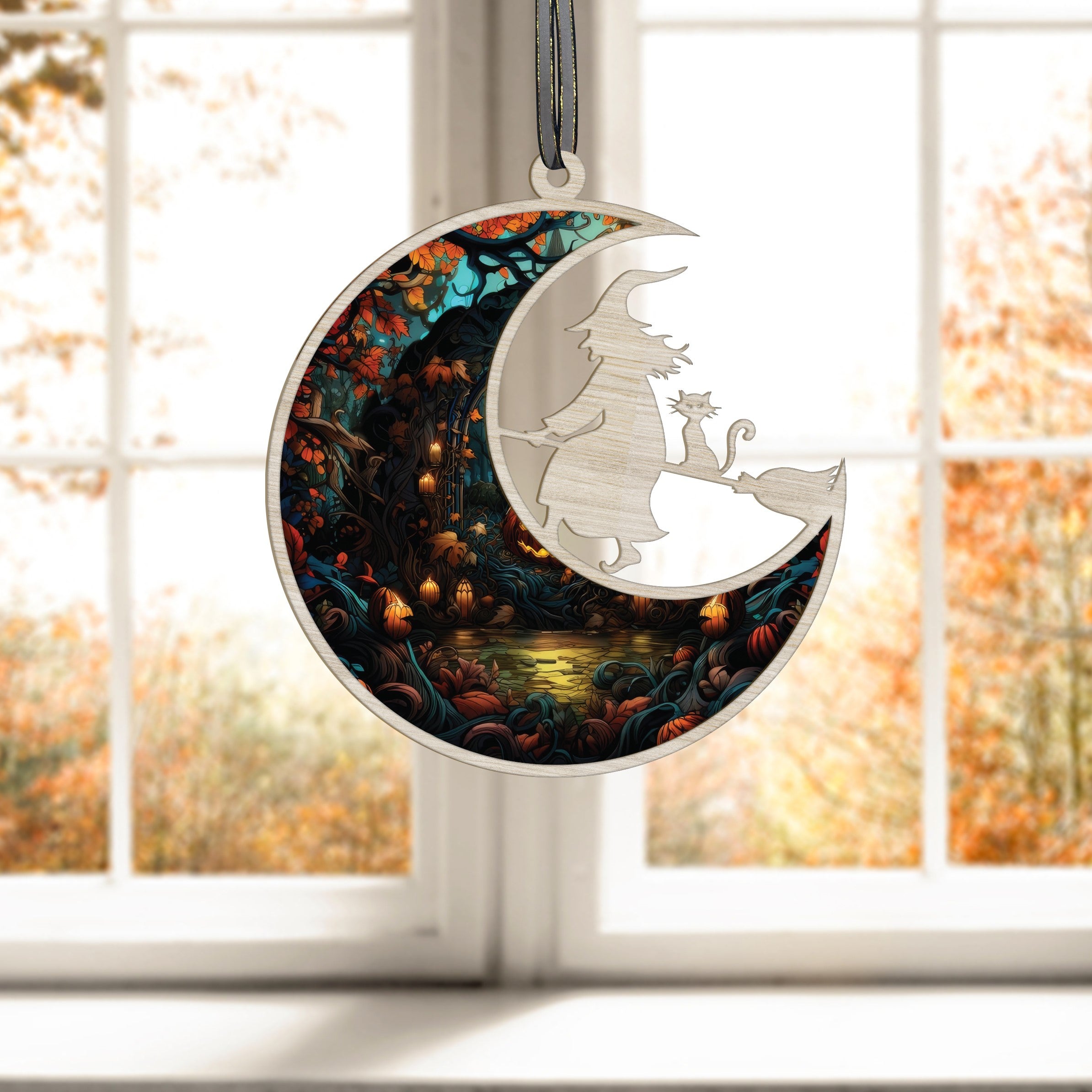Witch On Broom Stained Glass Window Hanging, Halloween Witch Suncatcher, Witch On Moon Ornament, Halloween Decoration Gifts for Halloween Party Decorations