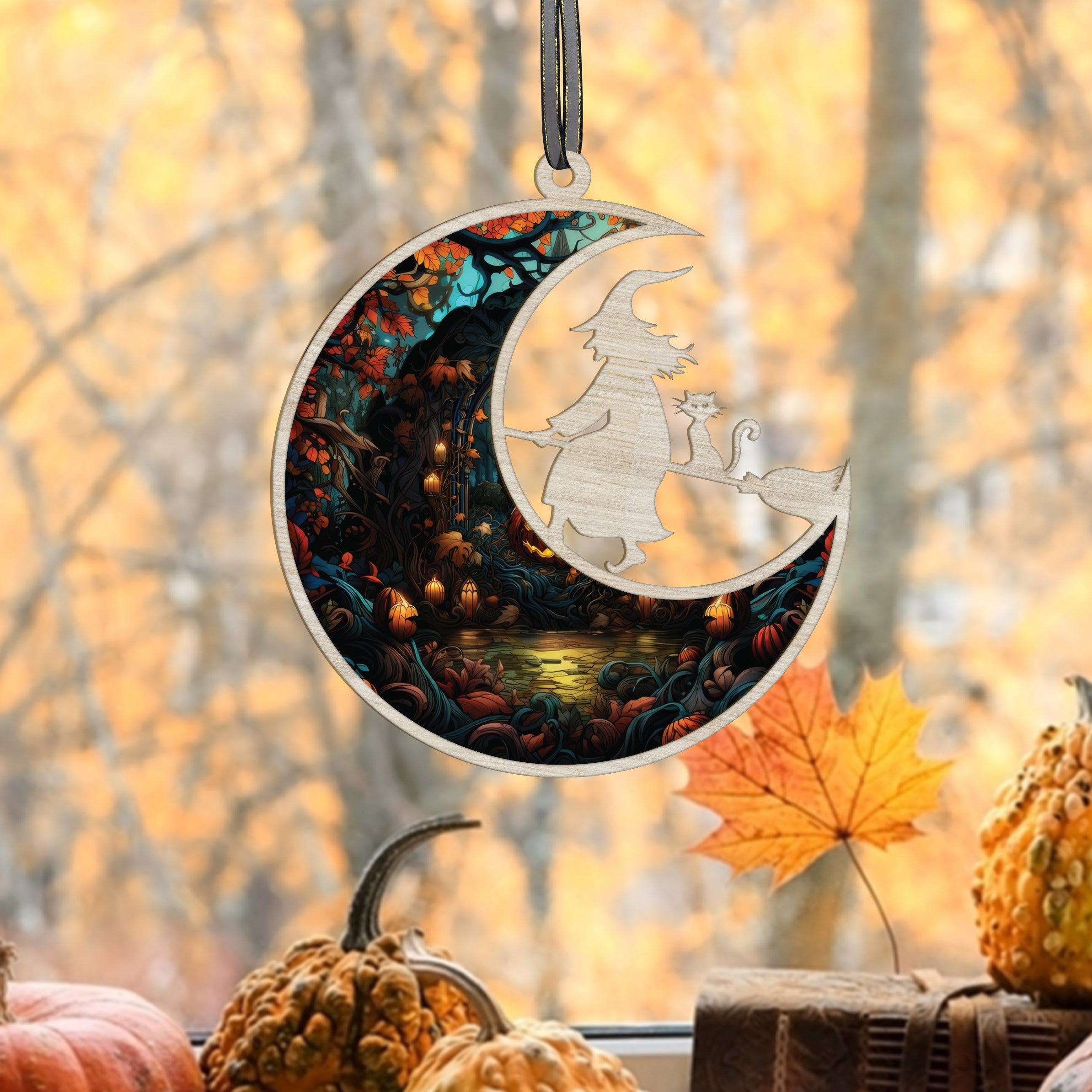Witch On Broom Stained Glass Window Hanging, Halloween Witch Suncatcher, Witch On Moon Ornament, Halloween Decoration Gifts for Halloween Party Decorations