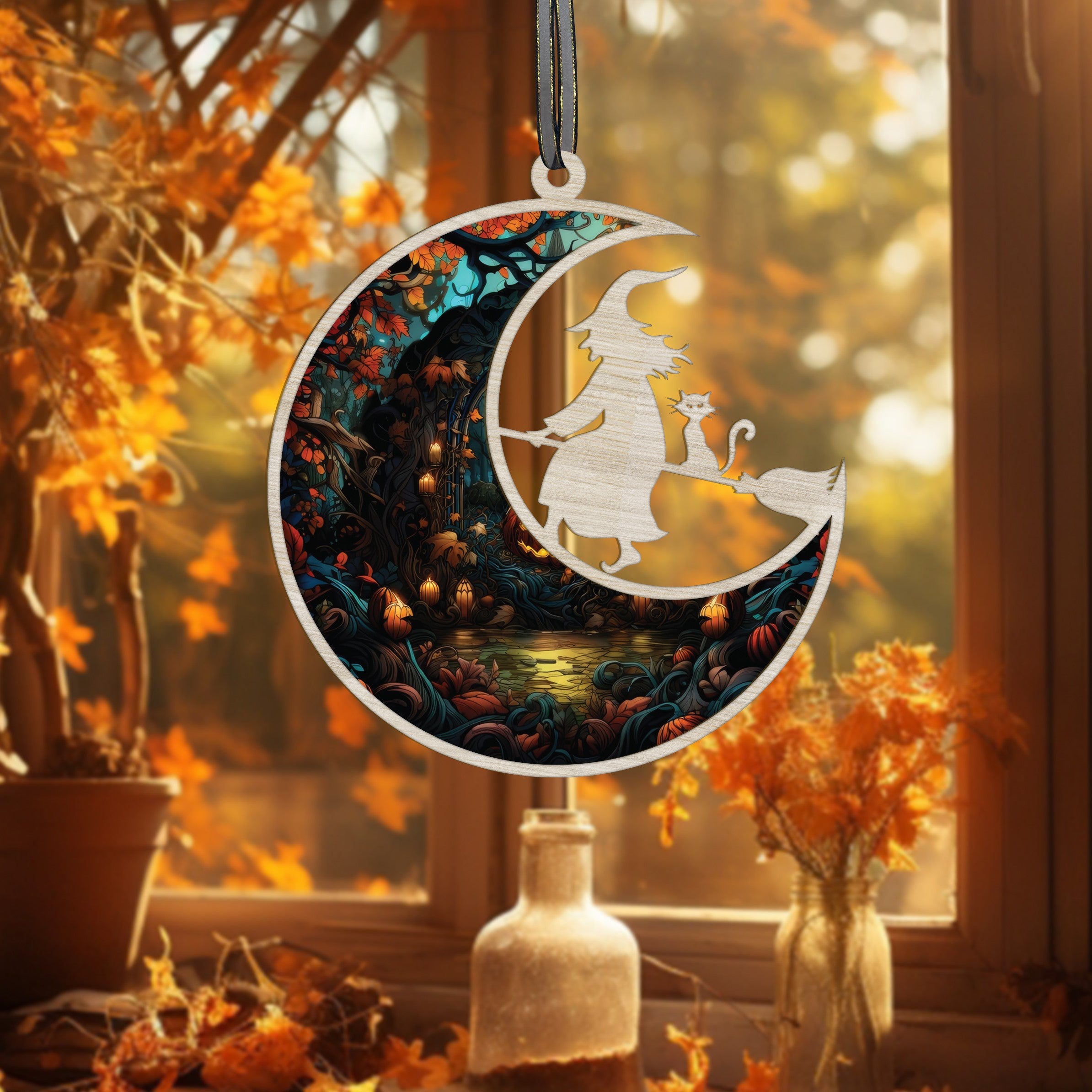 Witch On Broom Stained Glass Window Hanging, Halloween Witch Suncatcher, Witch On Moon Ornament, Halloween Decoration Gifts for Halloween Party Decorations