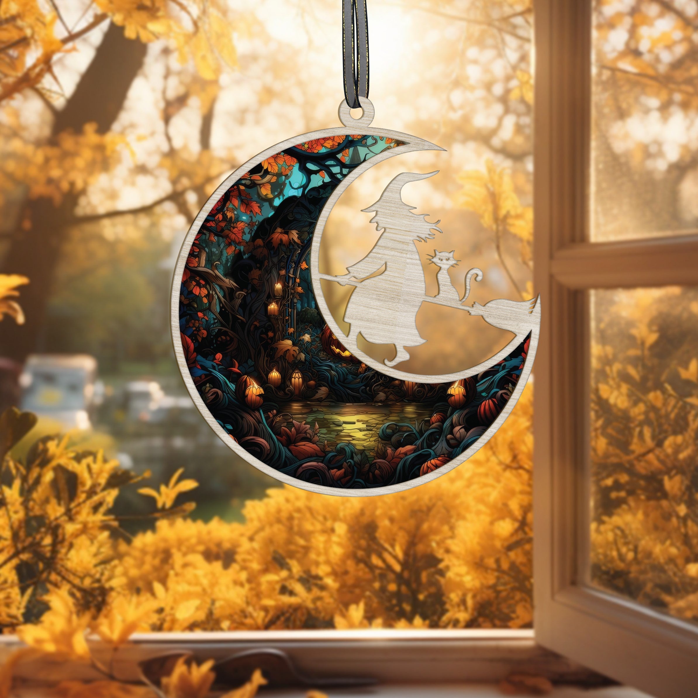 Witch On Broom Stained Glass Window Hanging, Halloween Witch Suncatcher, Witch On Moon Ornament, Halloween Decoration Gifts for Halloween Party Decorations
