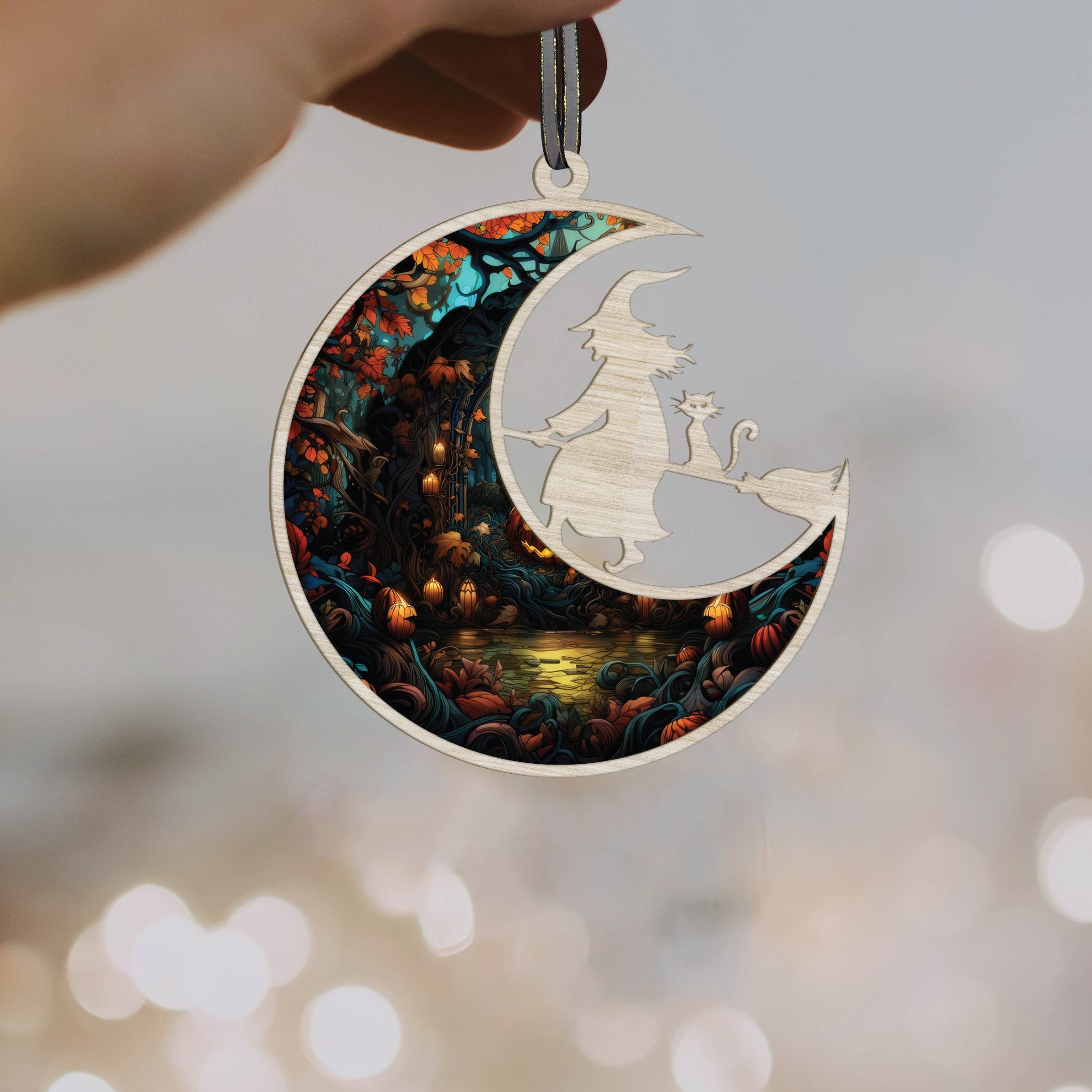 Witch On Broom Stained Glass Window Hanging, Halloween Witch Suncatcher, Witch On Moon Ornament, Halloween Decoration Gifts for Halloween Party Decorations