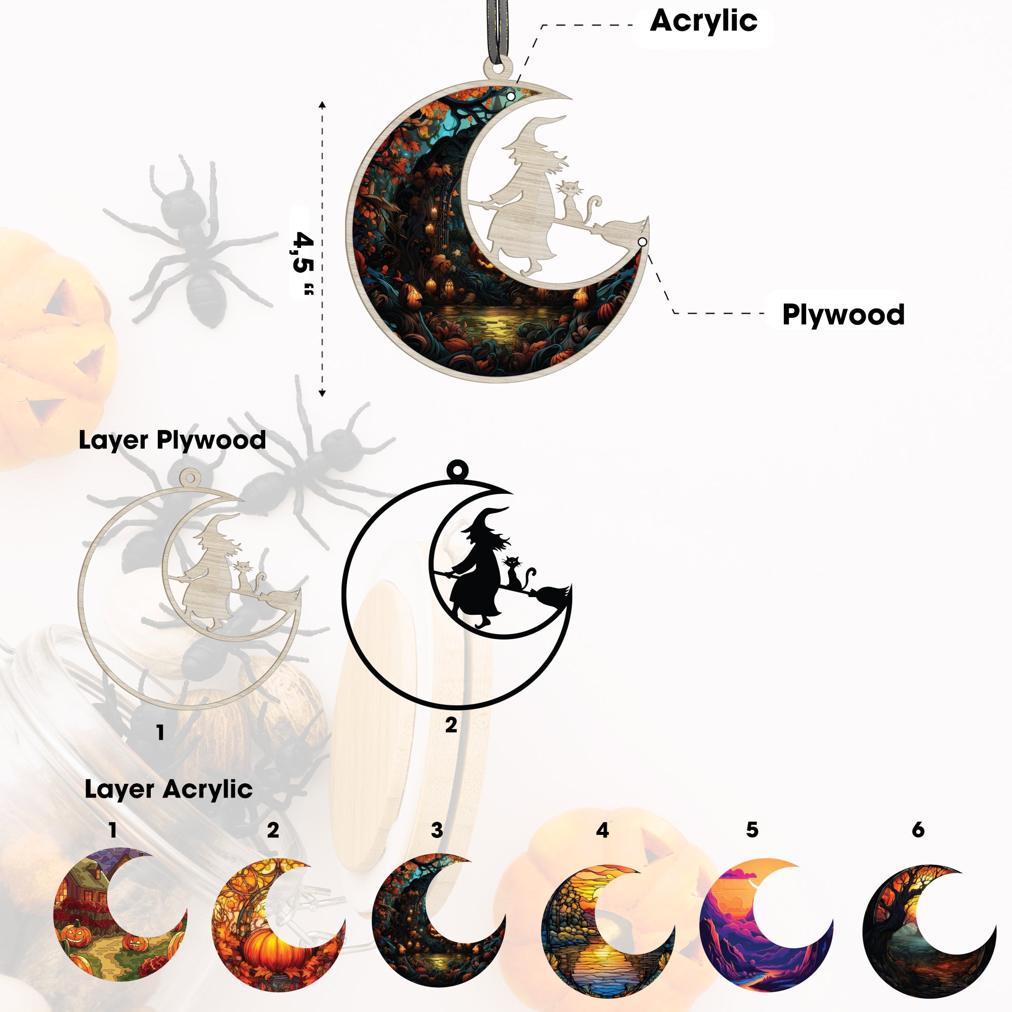 Witch On Broom Stained Glass Window Hanging, Halloween Witch Suncatcher, Witch On Moon Ornament, Halloween Decoration Gifts for Halloween Party Decorations