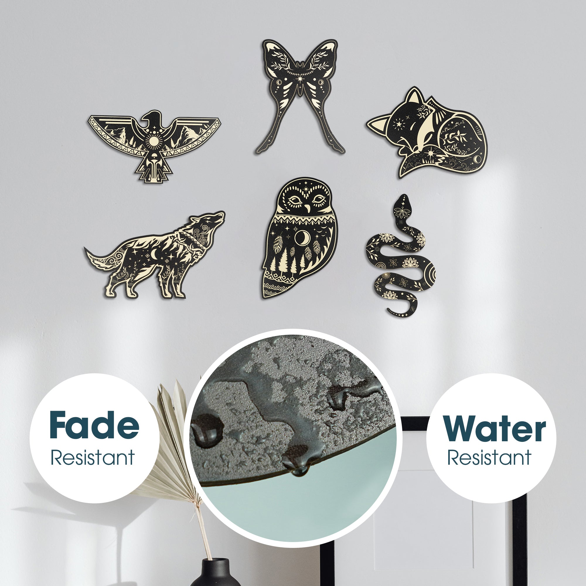 SET OF 6 BLACK ANIMAL WOOD WALL DECOR