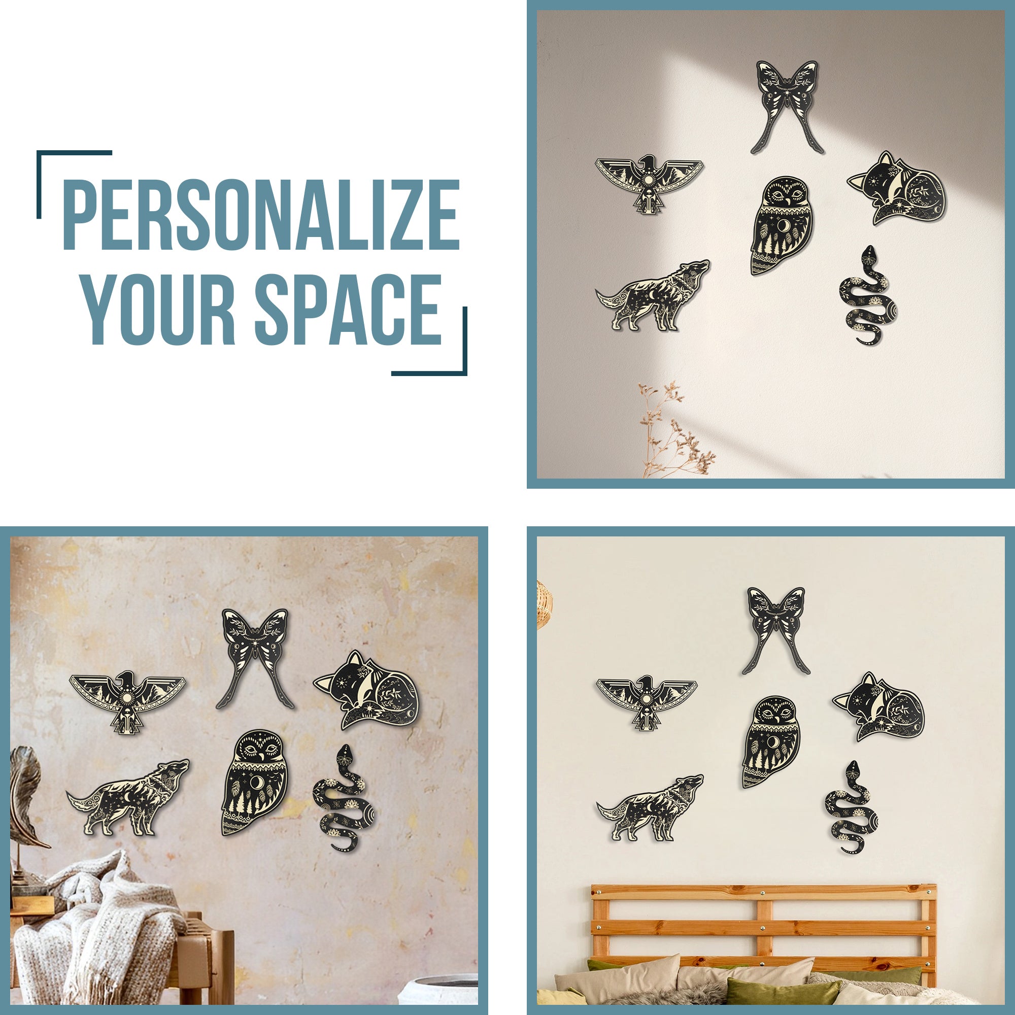 SET OF 6 BLACK ANIMAL WOOD WALL DECOR