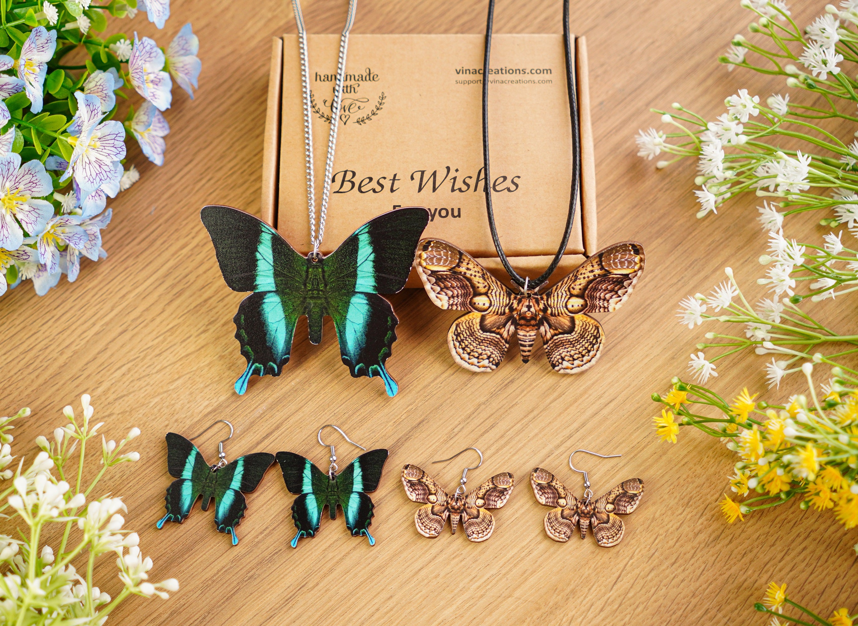 Woman Wooden Butterfly Jewelry Set Owl Moth Insect Necklace Earrings