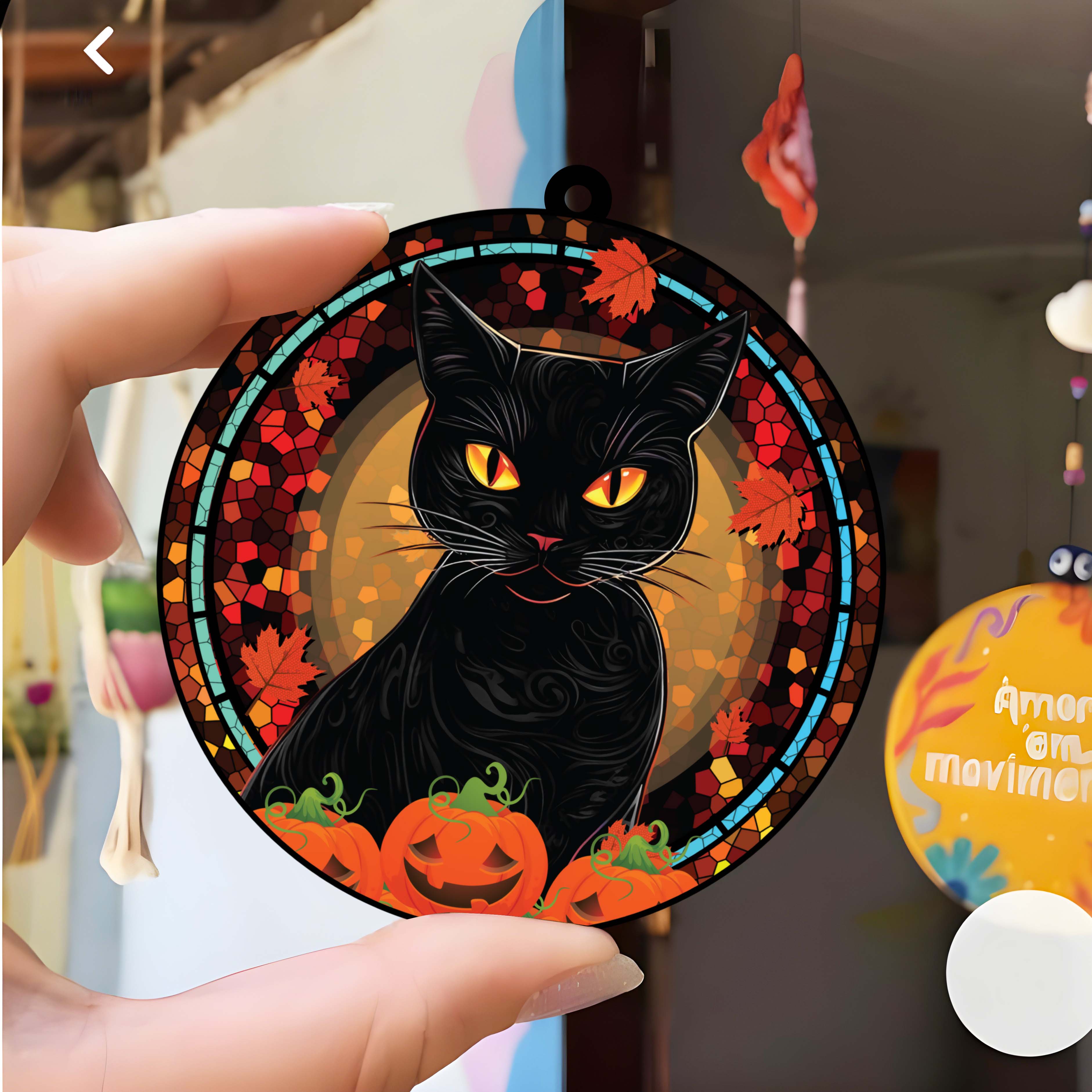 Halloween Black Cat Stained Glass Window Hanging Suncatcher for Windows