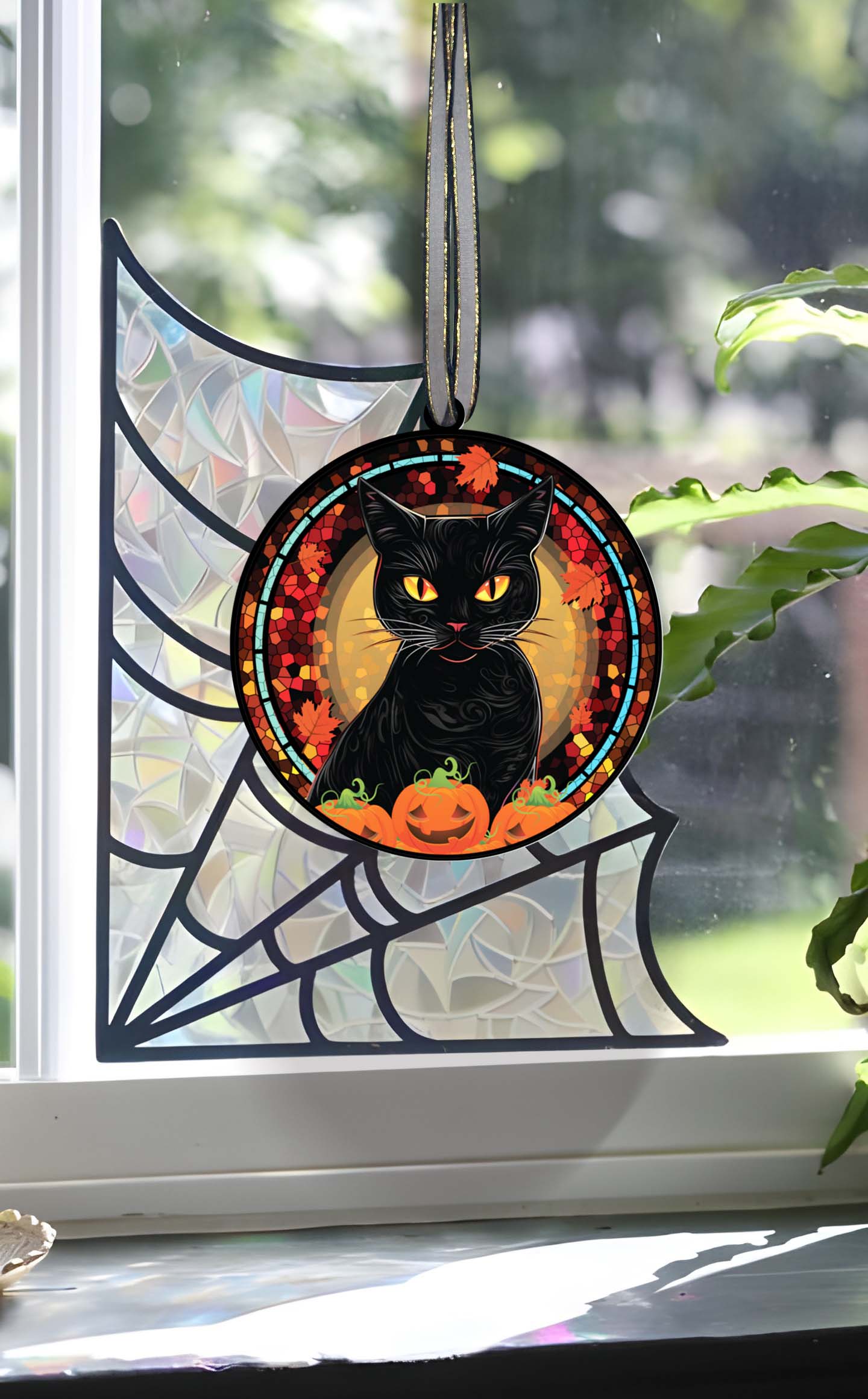 Halloween Black Cat Stained Glass Window Hanging Suncatcher for Windows