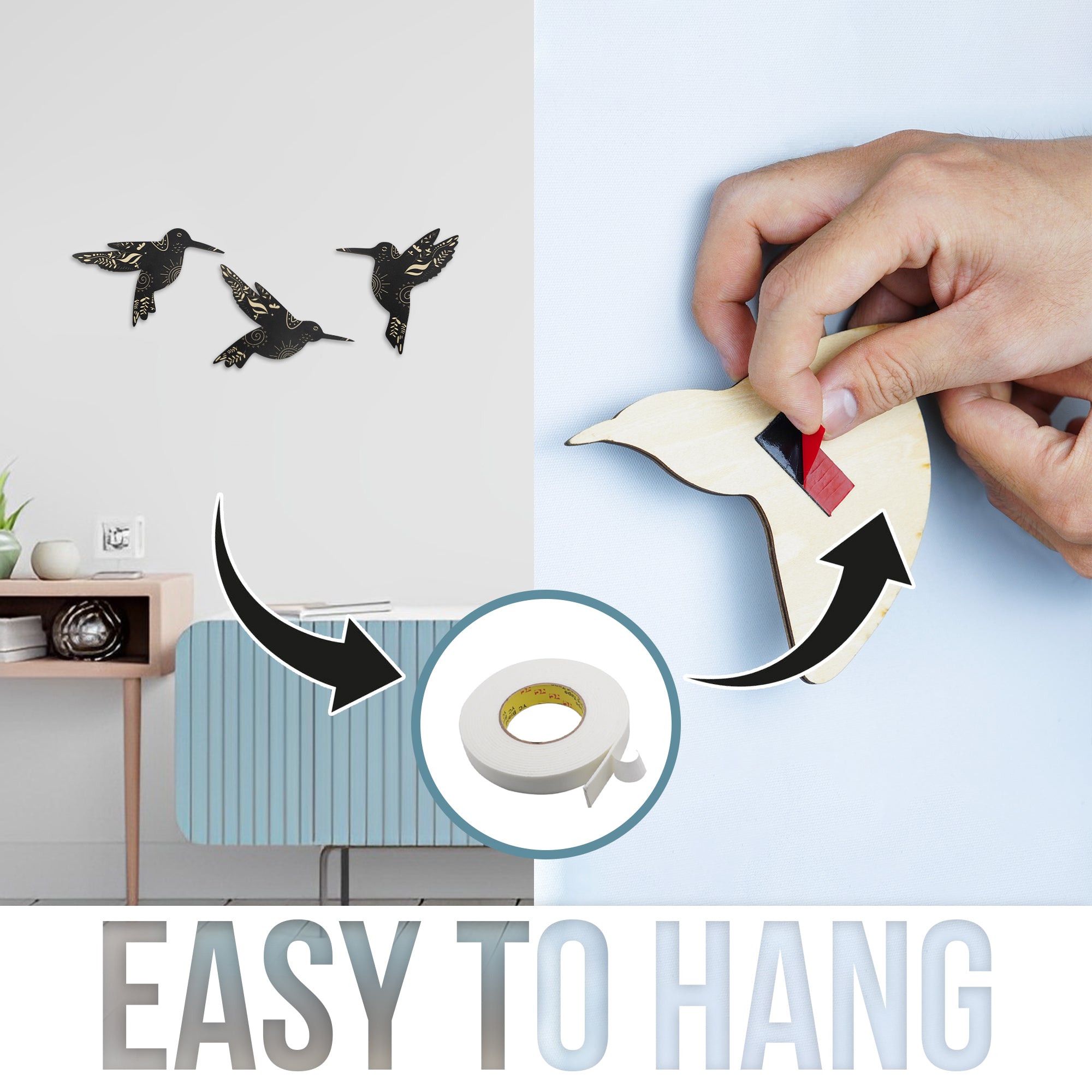 SET OF 3 BLACK HUMMINGBIRD WOOD WALL DECOR