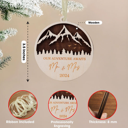 Personalized Mountains Landscape Christmas Ornament Our Adventure Awaits Custom Names Wooden Decorations Couple Ornament Holiday Decor