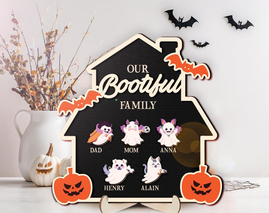 Home Portrait Halloween, Halloween Scene Decoration, Personalized Halloween Family Wood Plaque, Custom Name Wood Sign,Ghost Family Wood Sign