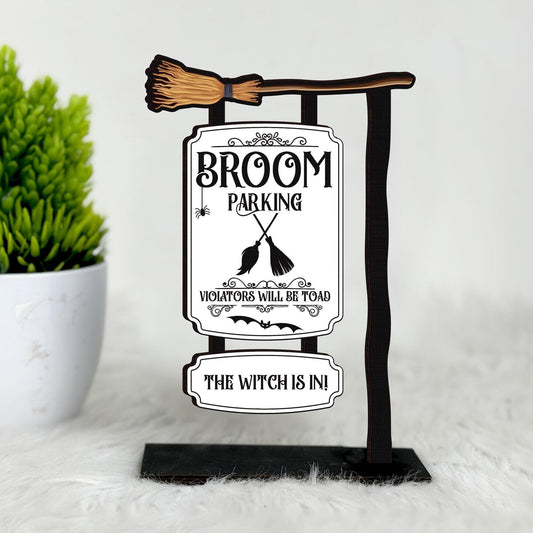 Halloween Broom Parking Sign,Halloween Tiered Tray Decor,Halloween Decor,Witches Broom Post  Mini Sign,Spooky Decor,Halloween Party Decor