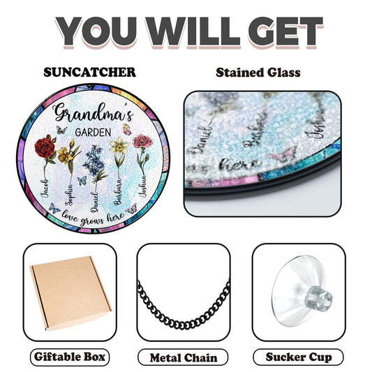 Personalized Grandma's Garden Gift For Grandma, Grandma Gift, Mother's Day Gift For Grandma, Nana Birth Month Flower Stain Glass Suncatcher