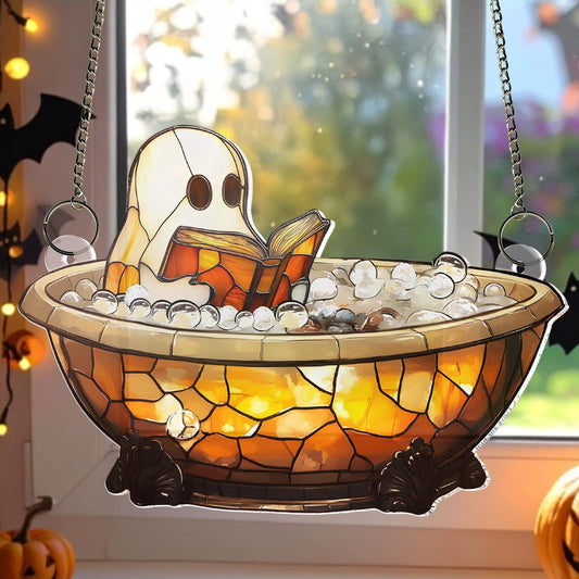 Cute Ghost Reading Book Bathroom Suncatcher,Window Hanging,Halloween Spooky,Boo Book Lover Gift,Ghost In Bathtub,Home Decor,Halloween Gift