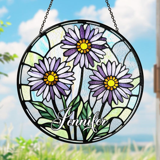 Aster Stained Glass, September Birth Month Suncatcher, Purple Flower Window Hanging Gift for Mom, Birth Flower Gift for Her Mom