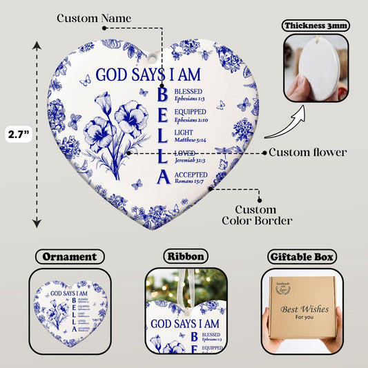 God Says I Am Ornament,Custom Bible Verse Toile De Jouy Christmas Decoration,Name With Bible Verses,Christian Gift,Faith Gift,Religious