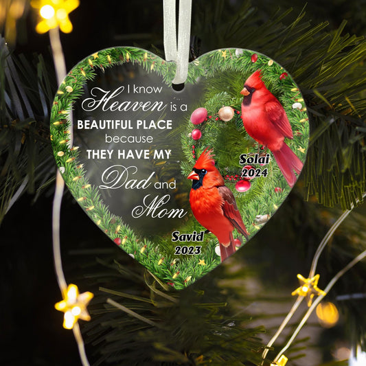 Personalized Christmas Memorial Cardinal Ornament - "Heaven is a Beautiful Place" Heart Keepsake for Loss of Mom, Loss of Dad, Sympathy Gift