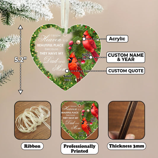 Personalized Christmas Memorial Cardinal Ornament - "Heaven is a Beautiful Place" Heart Keepsake for Loss of Mom, Loss of Dad, Sympathy Gift