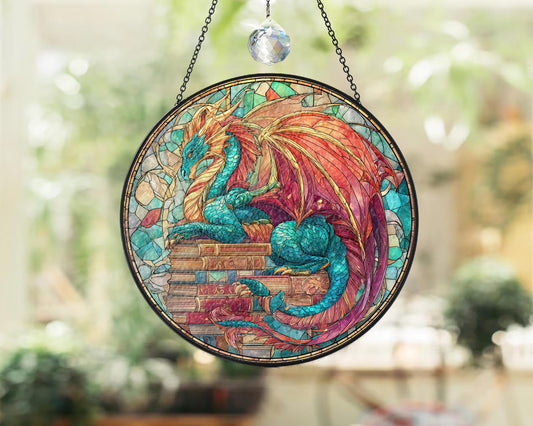 Book Dragon Stained Glass Suncatcher,Fantasy Dragon Acrylic Window Hanging,Bookshelf Decor,Book Lover,Bookish,Book Reader Gift,Book Club