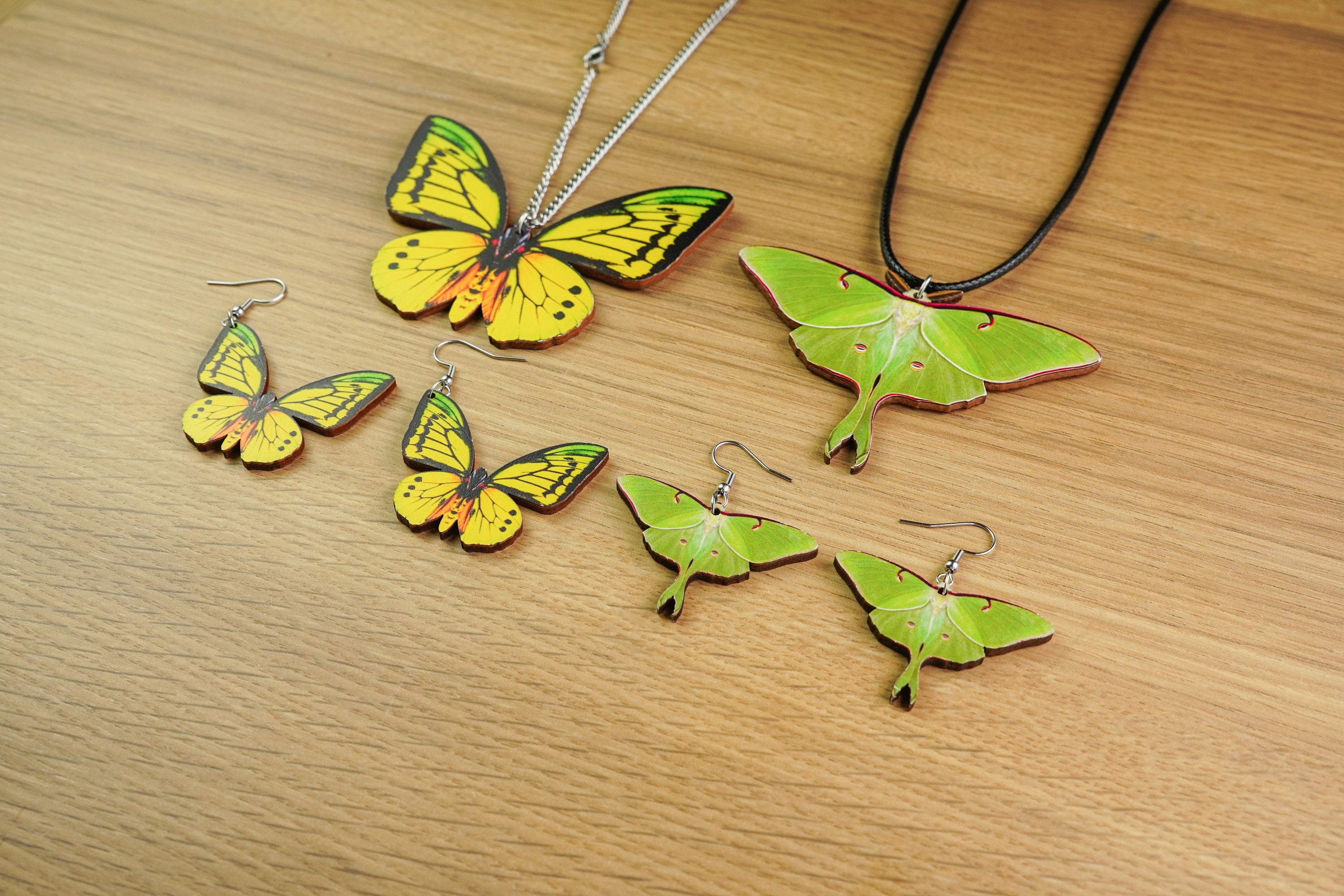 Wooden Butterfly Jewelry Set Luna Moth Insect Pedants Earrings