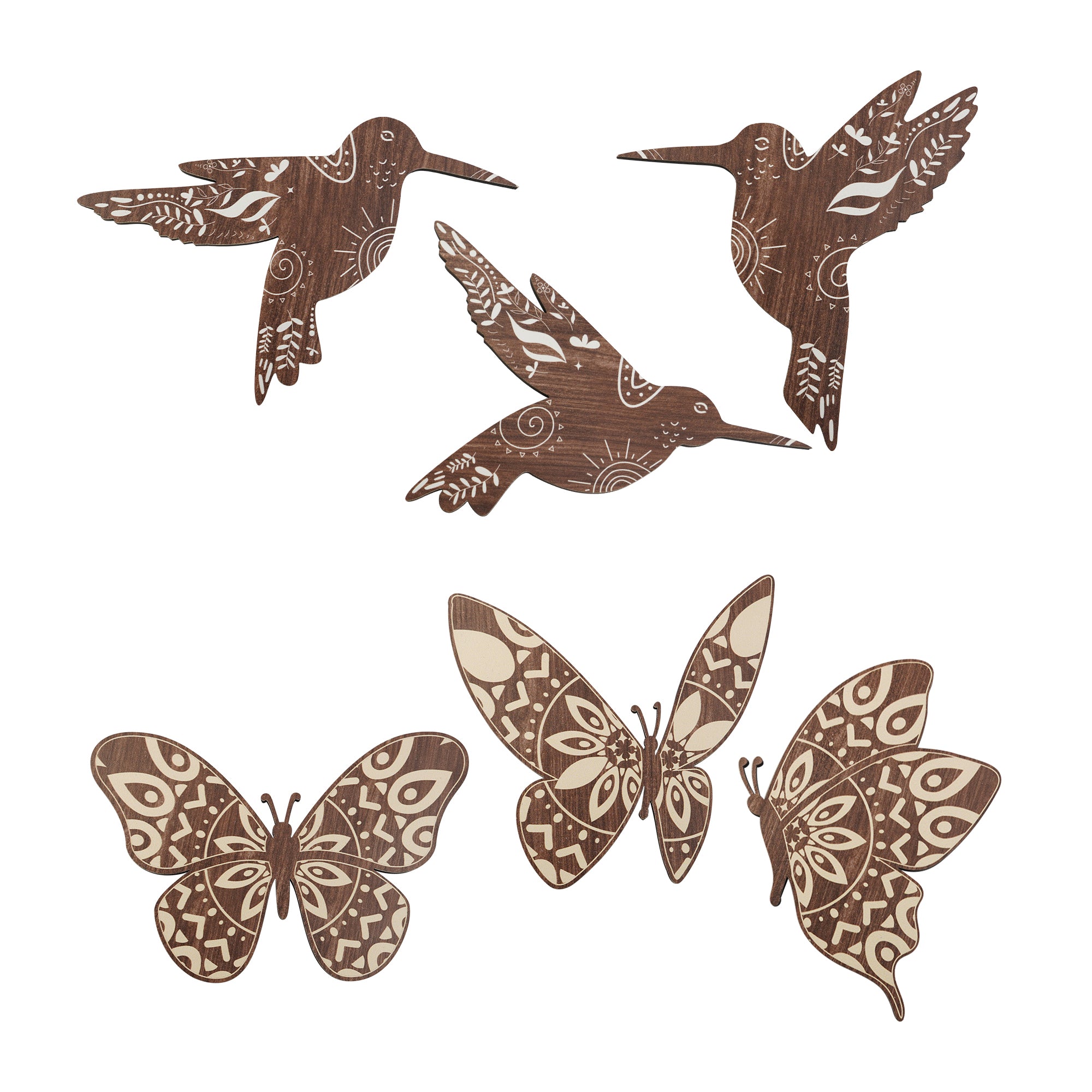 SET OF 6 BROWN BUTTERFLY WOOD WALL DECOR AND BIRD WALL DECOR WOODEN