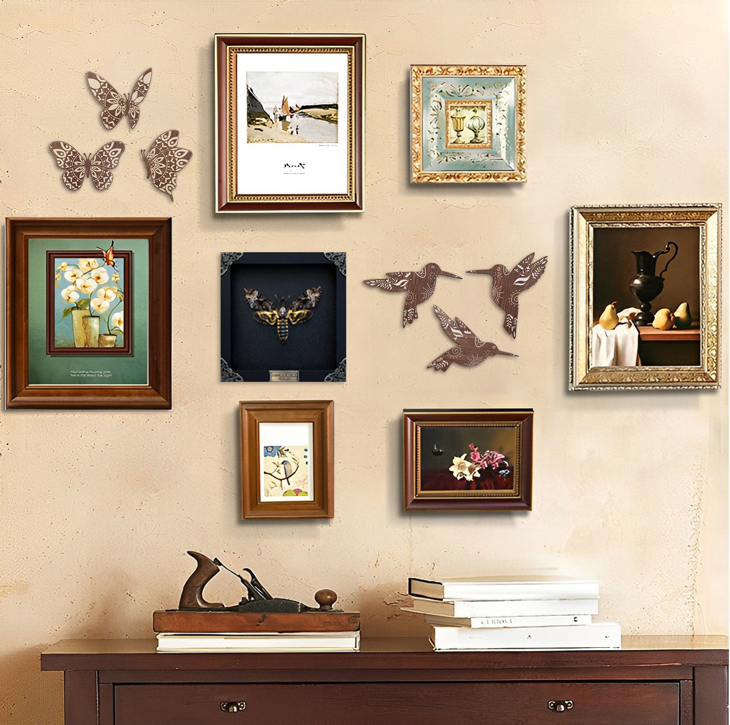 SET OF 6 BROWN BUTTERFLY WOOD WALL DECOR AND BIRD WALL DECOR WOODEN