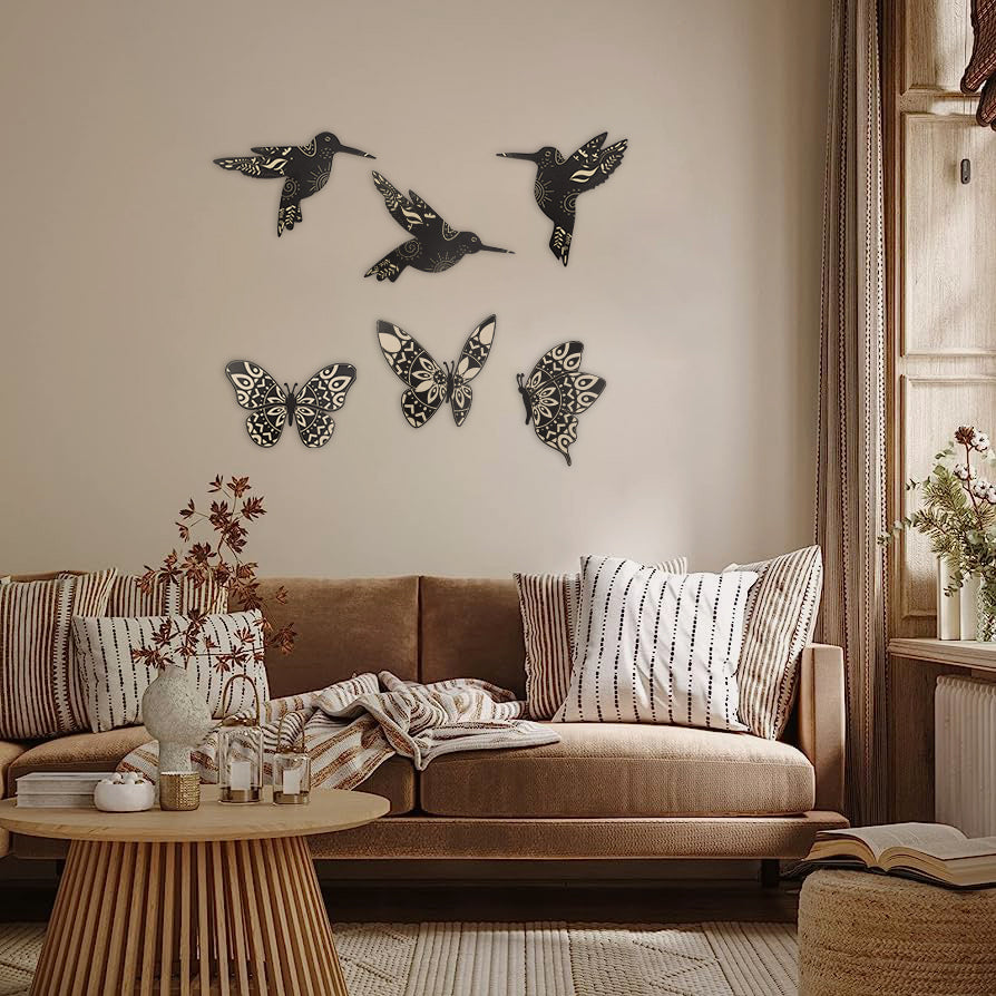 SET OF 6 BLACK BUTTERFLY WOOD WALL DECOR AND BIRD WALL DECOR WOODEN