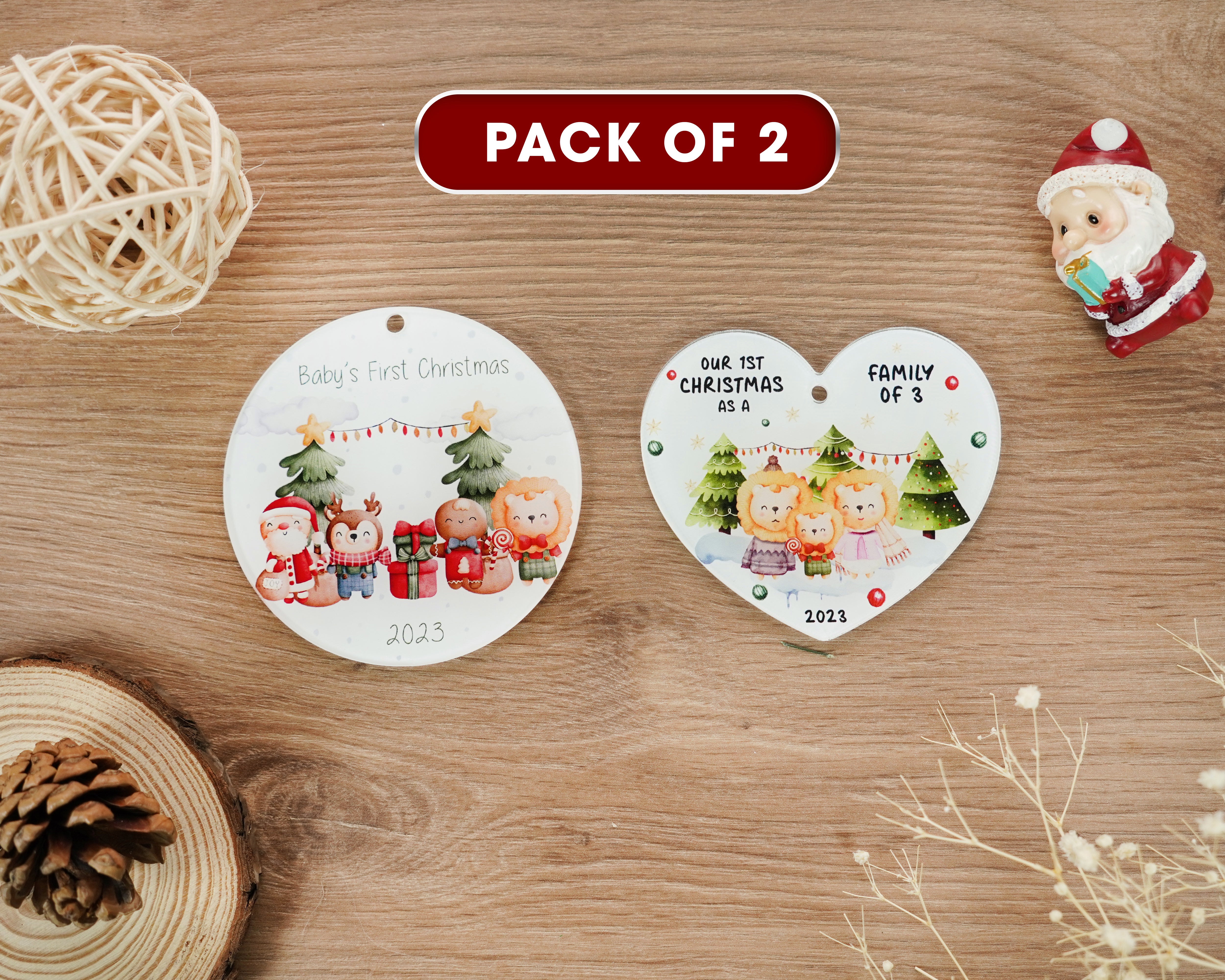 Set of 2 Pcs First Chrsitmas As A Family Ornament, Baby's First Christmas Ornament, Our First Christmas as Mom & Dad Ornament, Animal Woodland Ornament, Christmas Ornament Pregnancy Present New Parents