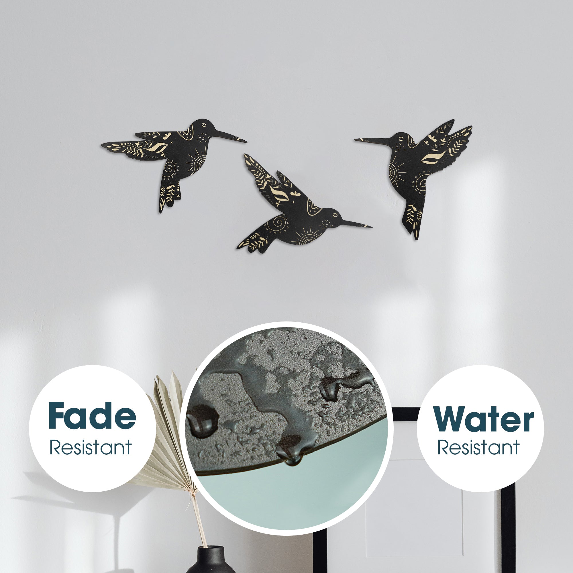 SET OF 3 BLACK HUMMINGBIRD WOOD WALL DECOR