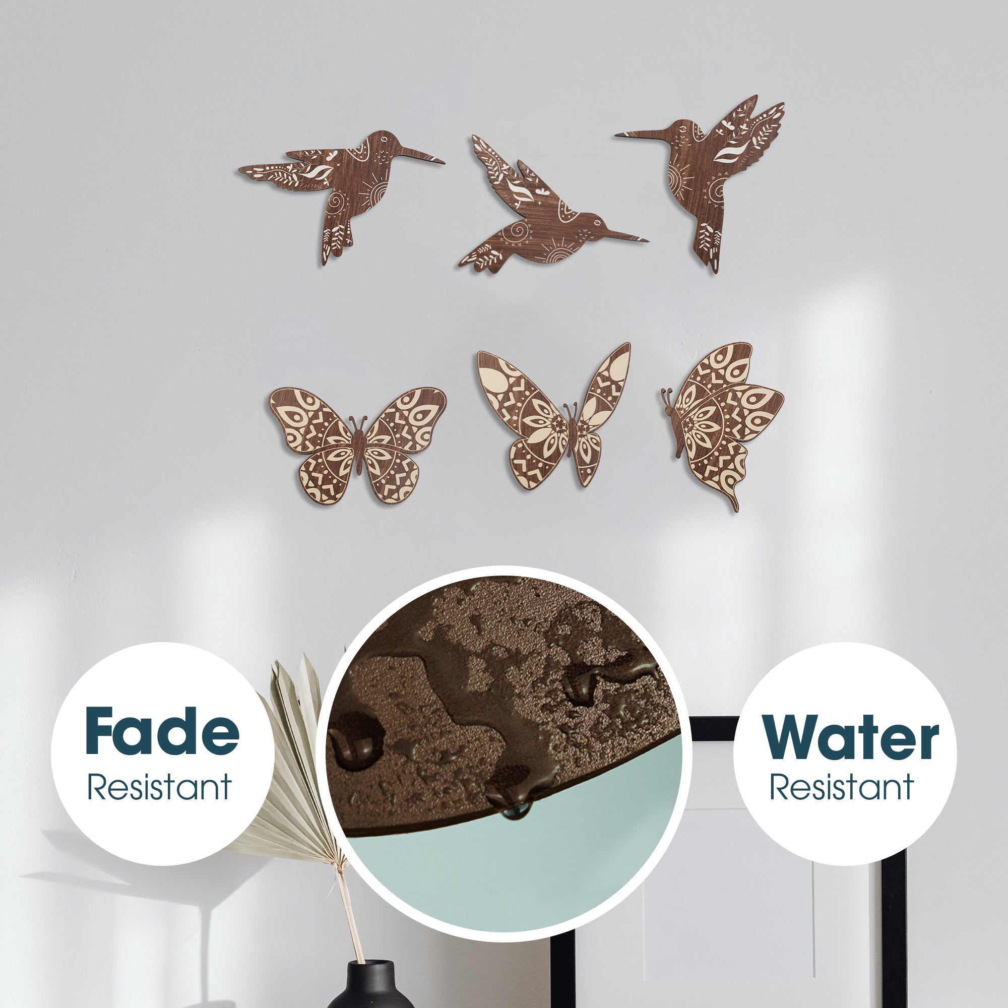 SET OF 6 BROWN BUTTERFLY WOOD WALL DECOR AND BIRD WALL DECOR WOODEN