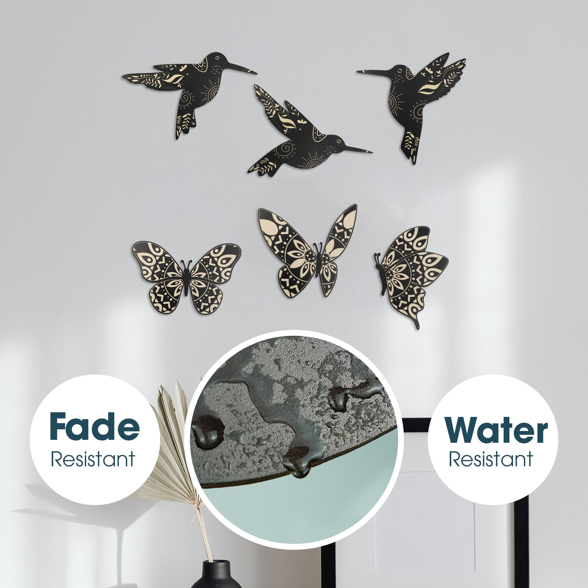 SET OF 6 BLACK BUTTERFLY WOOD WALL DECOR AND BIRD WALL DECOR WOODEN