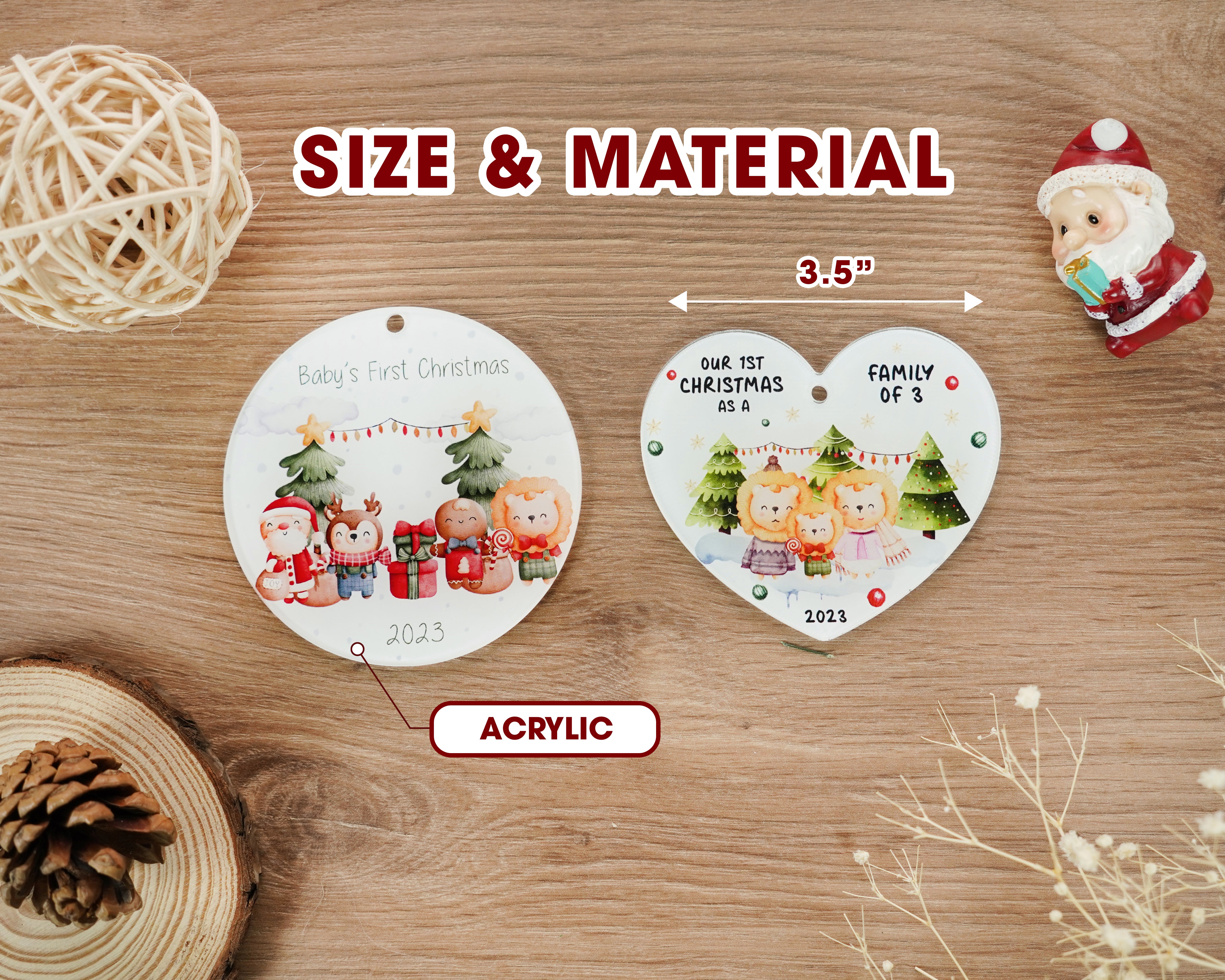 Set of 2 Pcs First Chrsitmas As A Family Ornament, Baby's First Christmas Ornament, Our First Christmas as Mom & Dad Ornament, Animal Woodland Ornament, Christmas Ornament Pregnancy Present New Parents