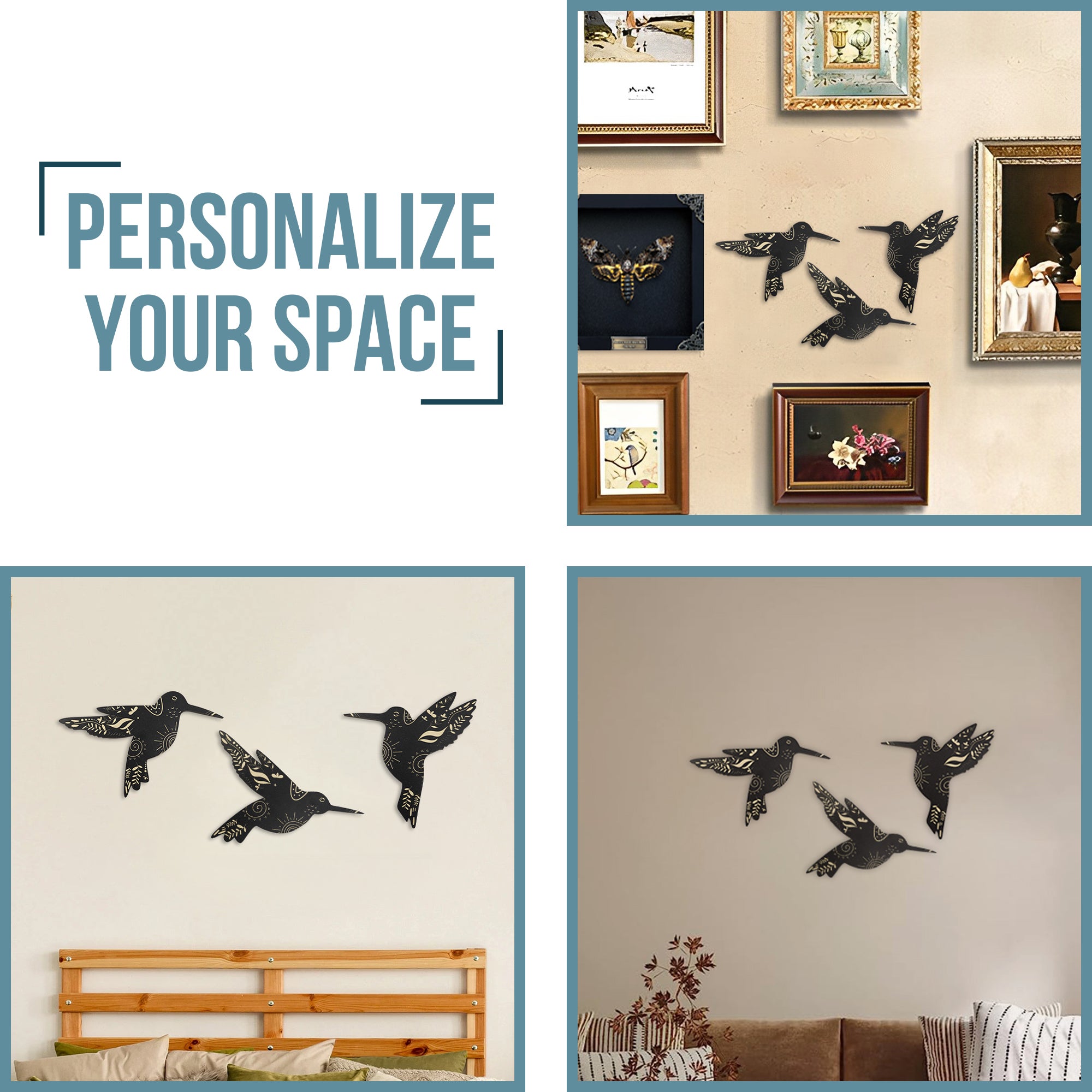 SET OF 3 BLACK HUMMINGBIRD WOOD WALL DECOR