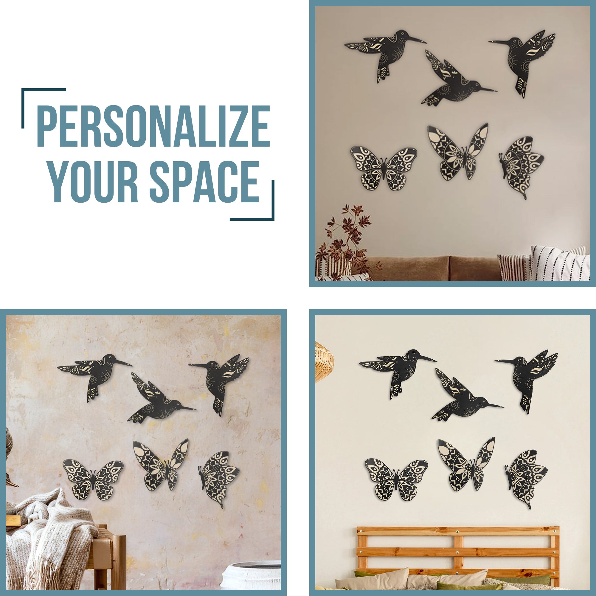 SET OF 6 BLACK BUTTERFLY WOOD WALL DECOR AND BIRD WALL DECOR WOODEN